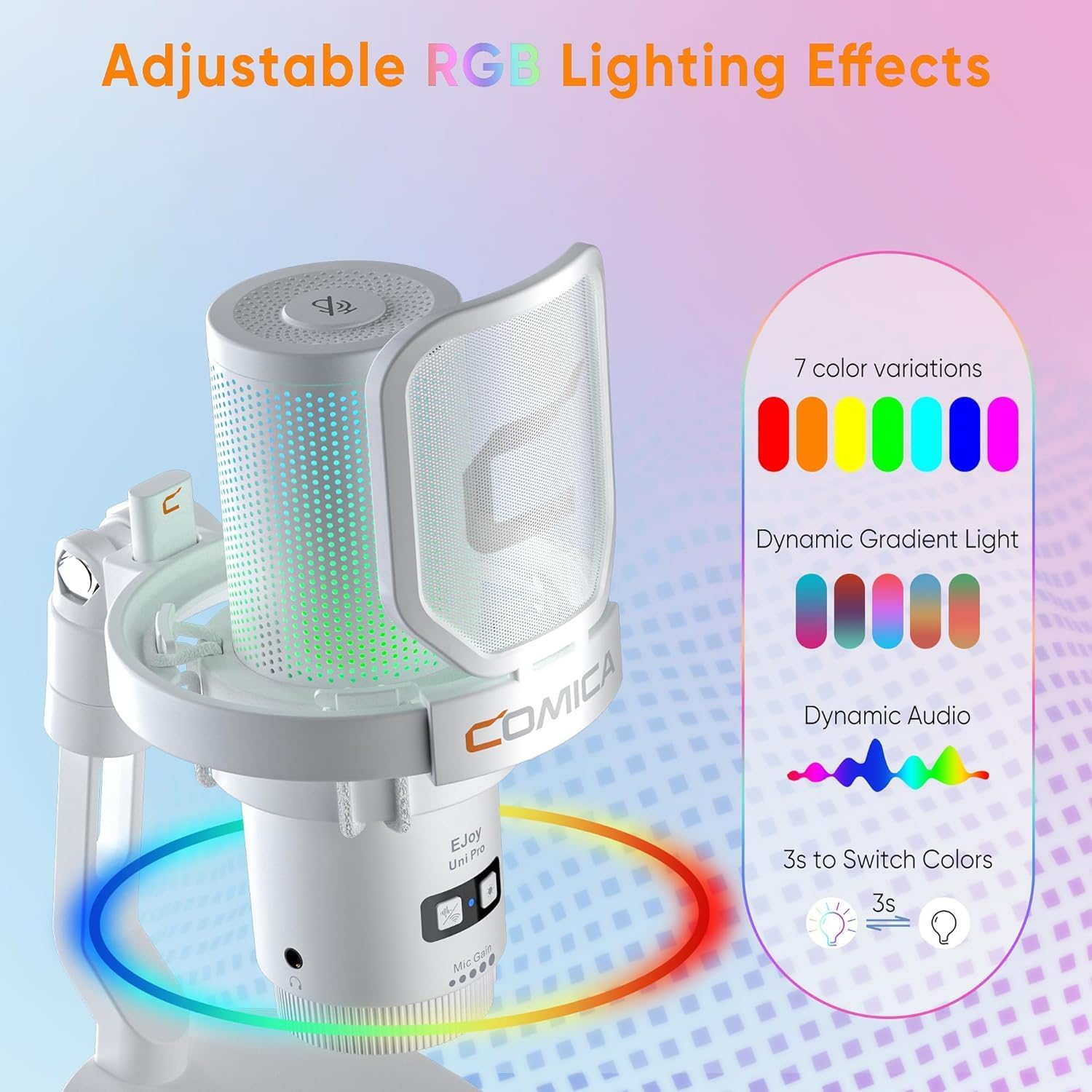 COMICA EJoy Uni Pro showing adjustable RGB lighting effects