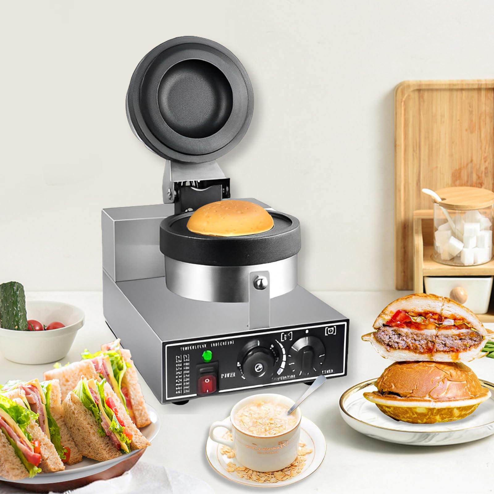 LIROPAU Machine à Burger UFO, Presse à Panini Antiadhésive Commerciale Pour Hamburgers, Température Réglable De 50 à 300 ℃, Réglage de la Durée de 0 à 5 Minutes pour un Usage Domestique Commercial