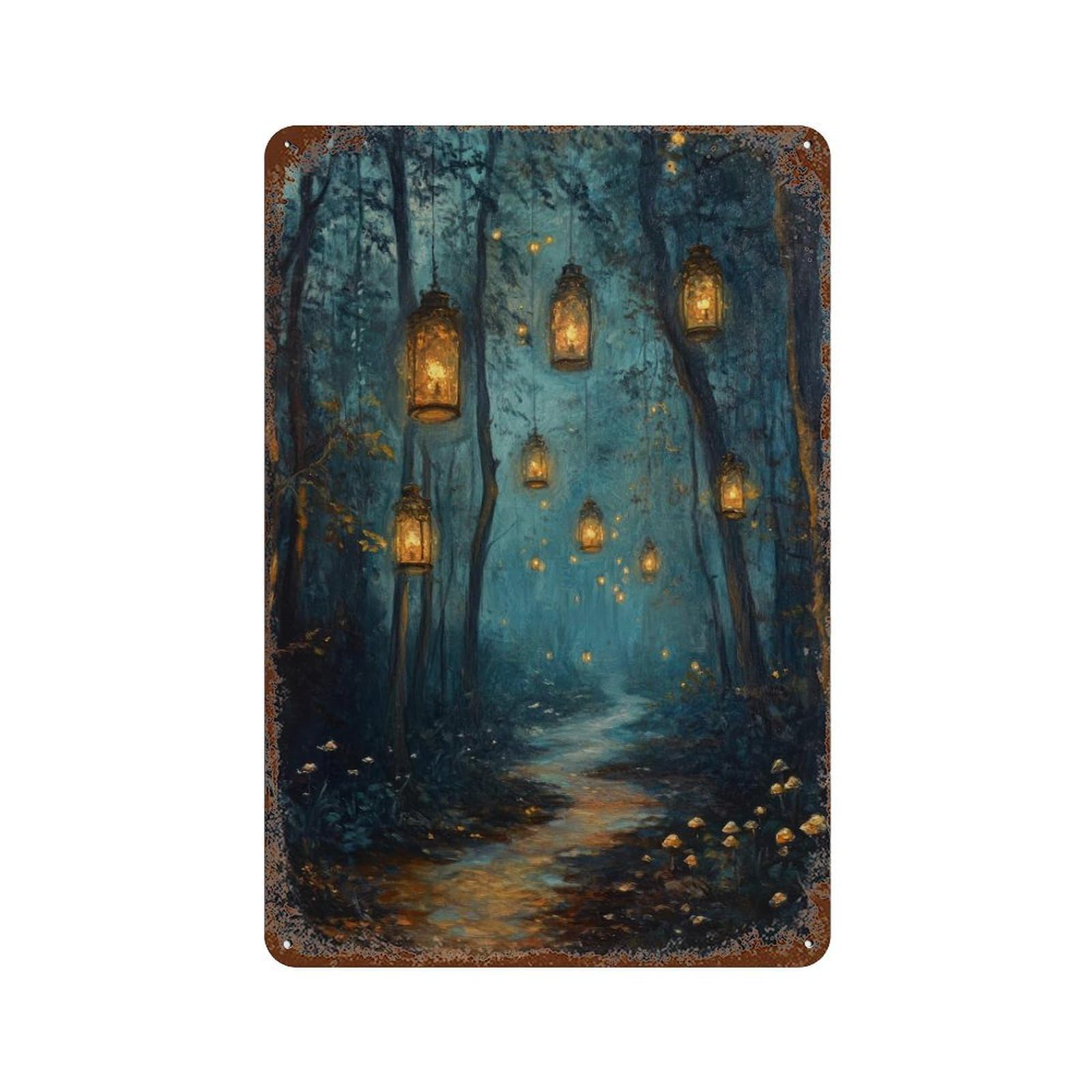 Magical Lantern Path Enchanted Forest Cottagecore Decor Whimsical Woodland Illustration Wall Decor Art Metal Tin Poster Modern Home Decor Art Home Bar Shop Decorations Vintage Sign 30x20cm