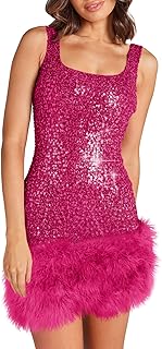 Womens Sparkly Sequin Dress Bodycon Square Neck Fur Club Party Mini Dresses - Buy now