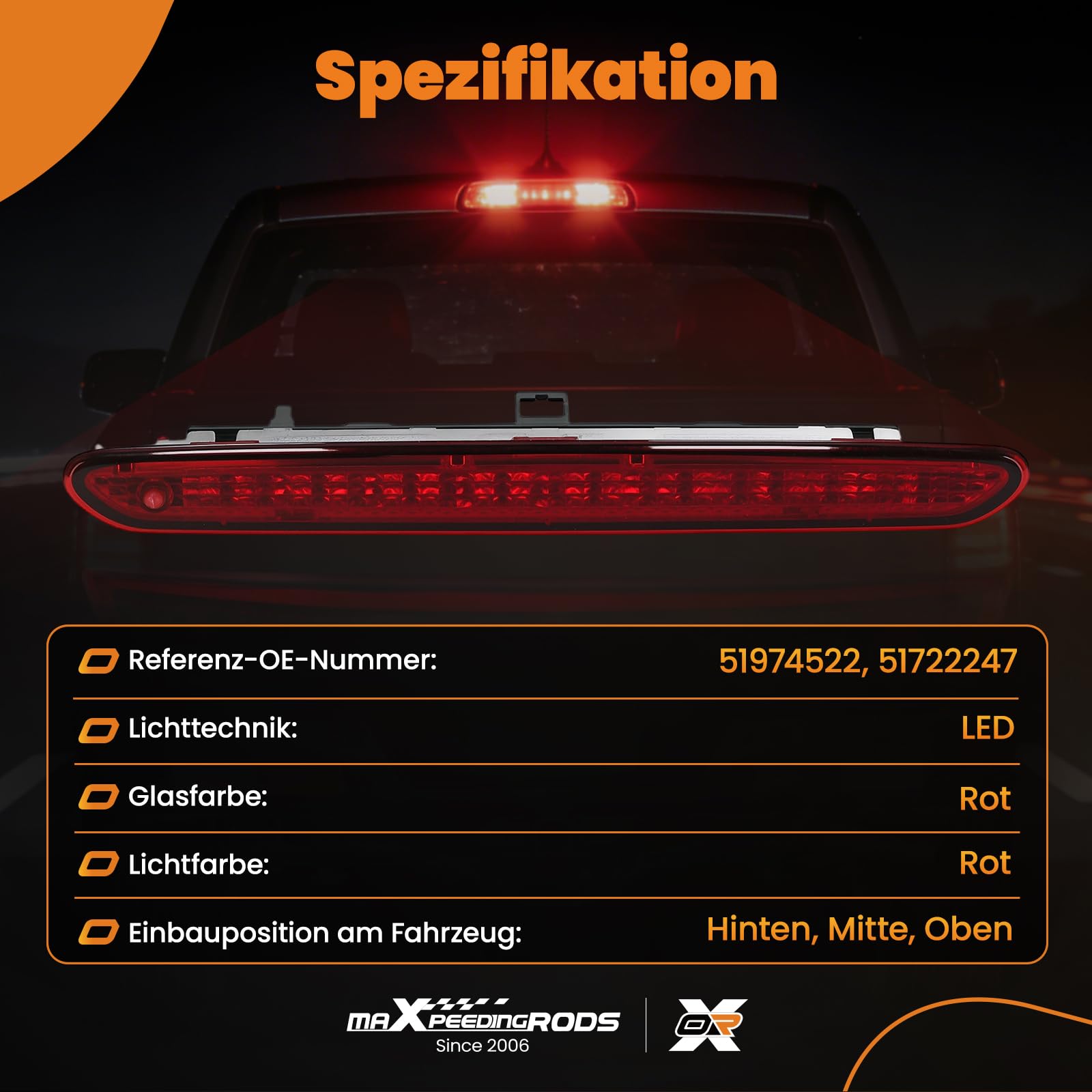 maXpeedingrods 51974522, 51722247 LED Dritte Bremsleuchte 3. Bremslicht Rücklicht für Fiat Punto Grande Punto E-v-o für Abarth Grande Punto Zusatzbremsleuchte 3. Bremsleuchte (Rot)