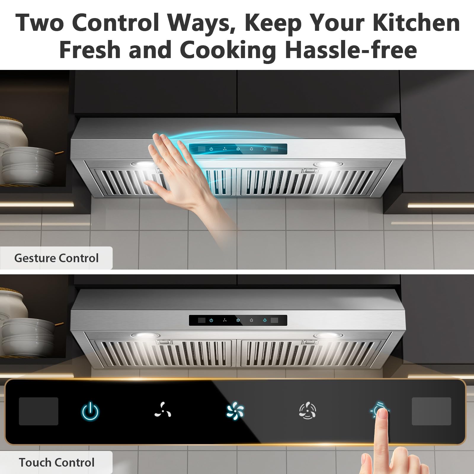 Range Hood 30 inch Under Cabinet, 800 CFM Stainless Steel Range Hood with Gesture and Touch Control, kitchen hood with Carbon Filter, 3 Fan Speed, Ducted/Ductless Convertible - 3