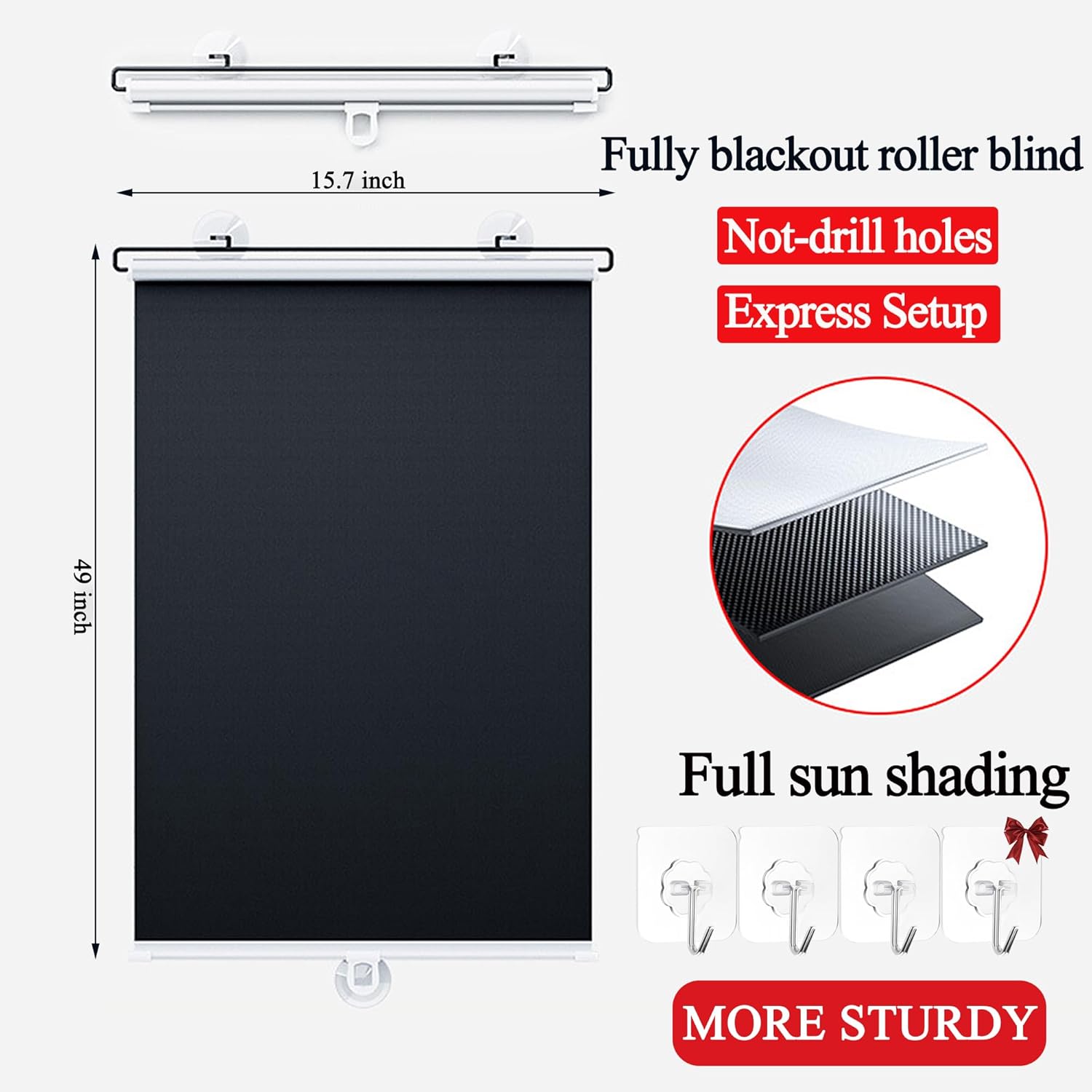 No Drilling Retractable Roller Window Shades (2 Pack), Suction Cups Window Shade Removable Blackout Window Cover Easy to Install for Living Room Bedroom Car Window Office Bathroom (15.7"x49")