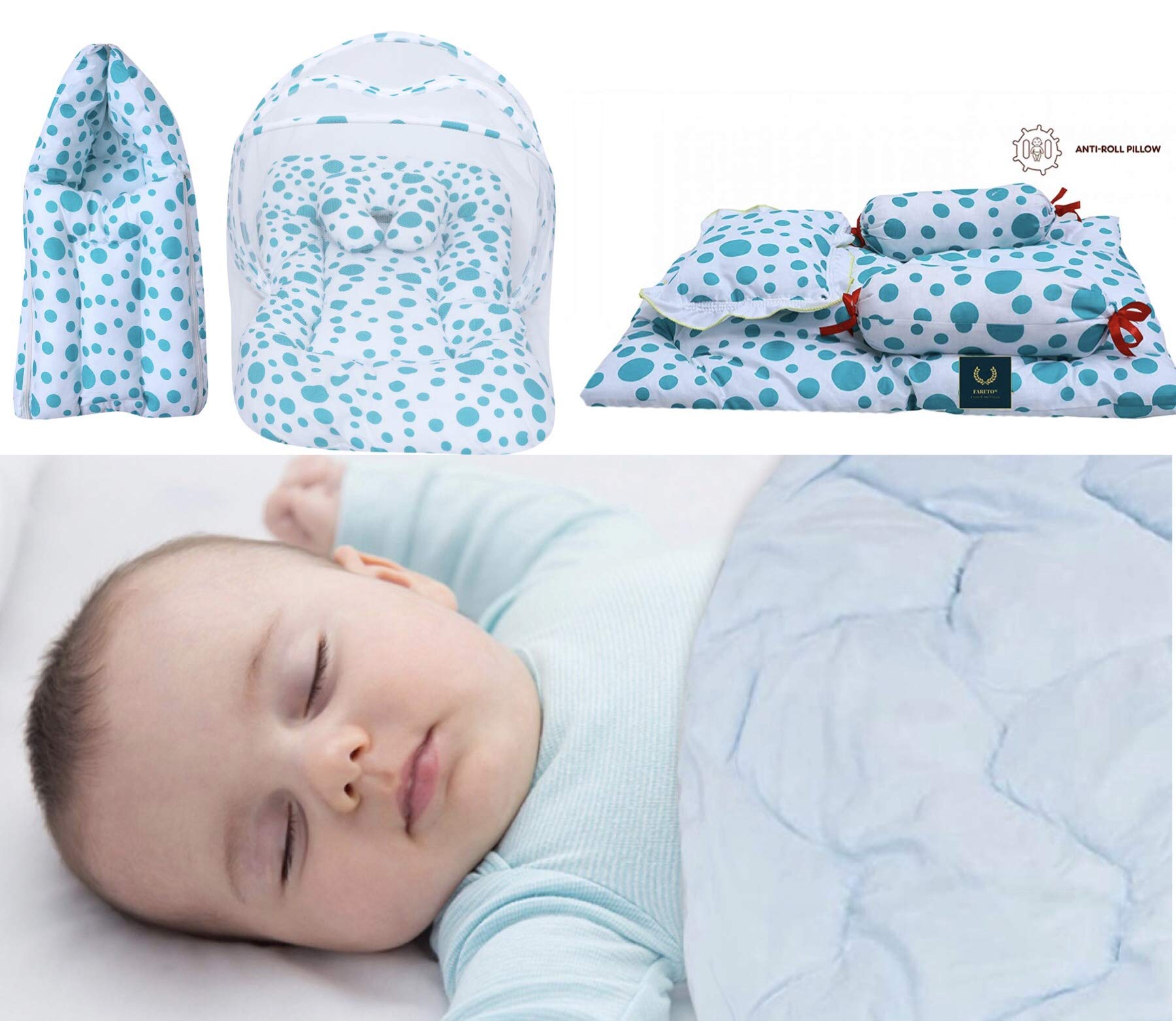 Fareto Baby Gift Set of Complete Sleeping Essentials in One Pack(0-6 Months)(Total Items: 8) (Aqua Blue & Olive Green)