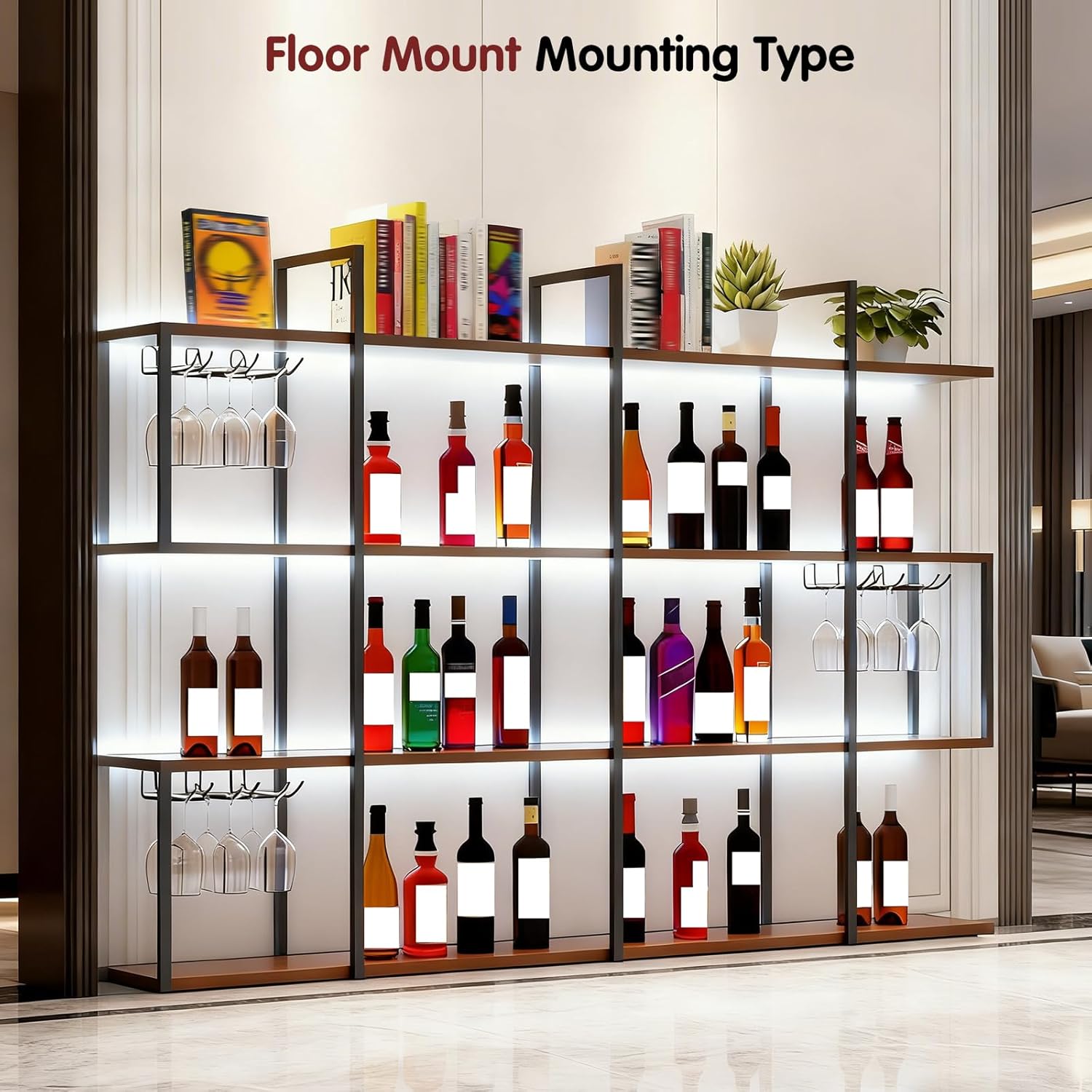 LED Industrial Wall Mounted Wine Rack with Glass Holder, Wood and Metal Wall-Mounted Bar Shelf, Floating Liquor Shelf with Stemware Rack (Black, 47.24inch/120cm)