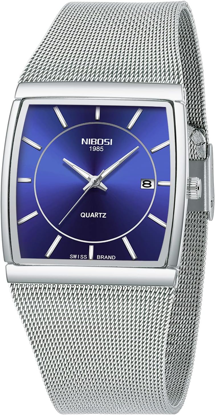 NIBOSI Men Watches Luxury Military Waterproof Sport Analog Quartz Square Wrist Watch for Men with Stainless Steel Mesh Strap Auto Calendar