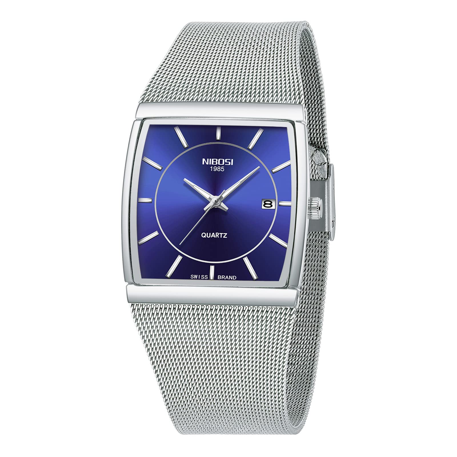 NIBOSI Men Watches Luxury Military Waterproof Sport Analog Quartz Square Wrist Watch for Men with Stainless Steel Mesh Strap Auto Calendar
