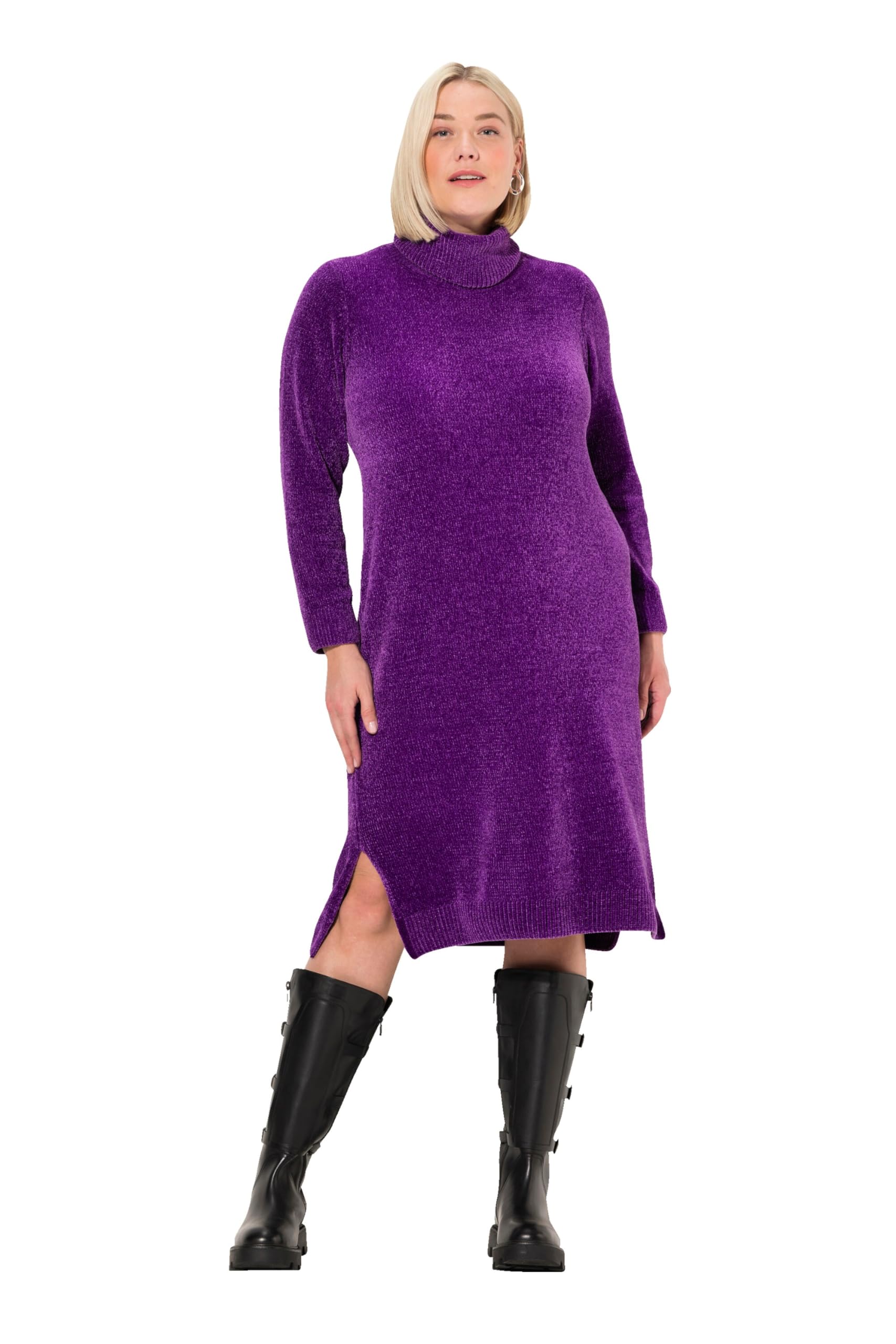 Ulla Popken Damen große Größen Übergrößen Plus Size Chenille-Kleid, Strukturstrick, Rollkragen, Langarm 833076