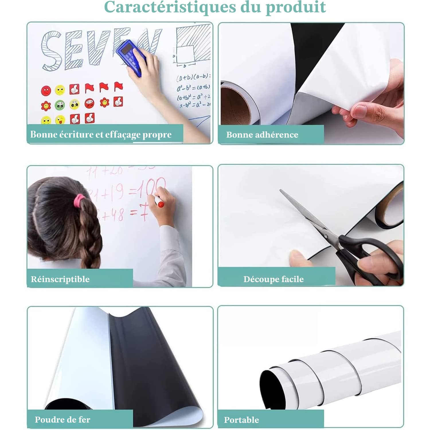 Papier Tableau Blanc Magnétique, 90×180cm Adhesif Tableau Blanc Effacable Autocollant, Avec Marqueur et Effaceur Magnétique, Tableau Aimanté Mural Film pour surfaces lisses, Pour l'école