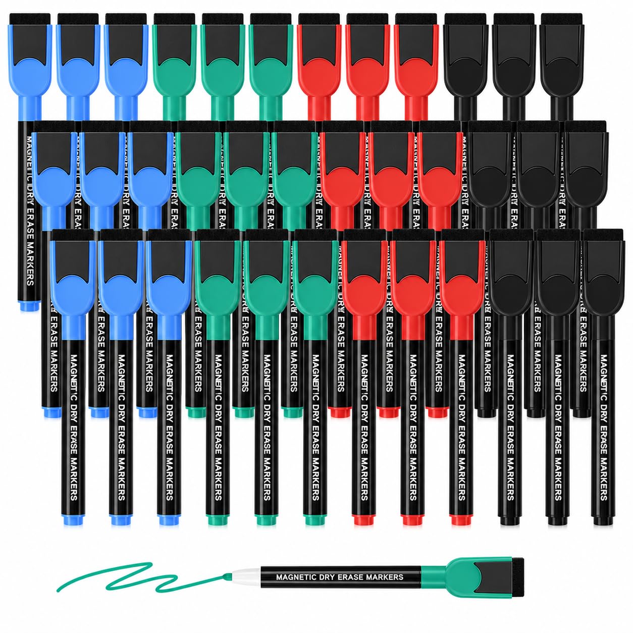 SUQJOY 36 Fine Tip Magnetic Whiteboard Pens with Textured Eraser Caps, Low-Odour Quick-Dry Ink, 4 Colours Black Blue Red Green for Office and Home