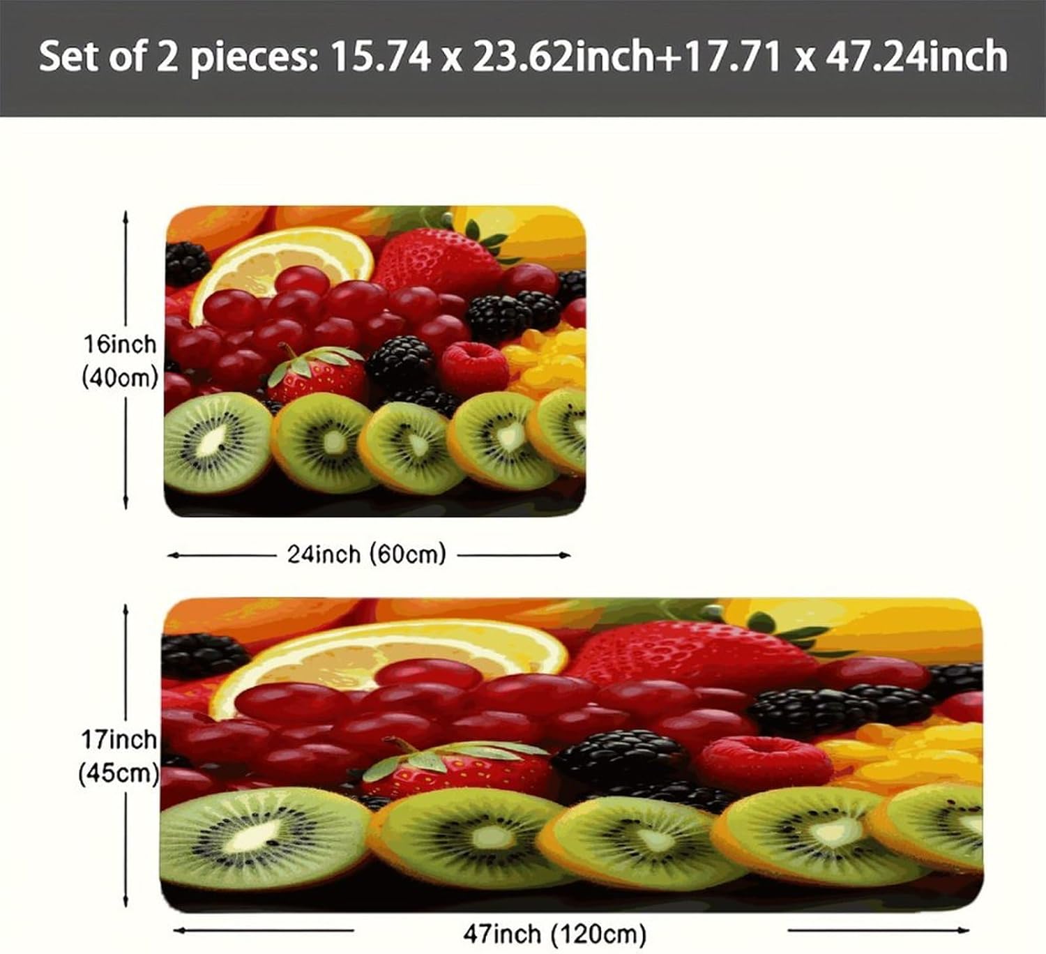 Fresh Fruit Kitchen Mats with 2PCS Non-Slip Washable,Kitchen Rug Heavy Duty Durable, Floor Mats for Kitchen,Office,Sink,Laundry