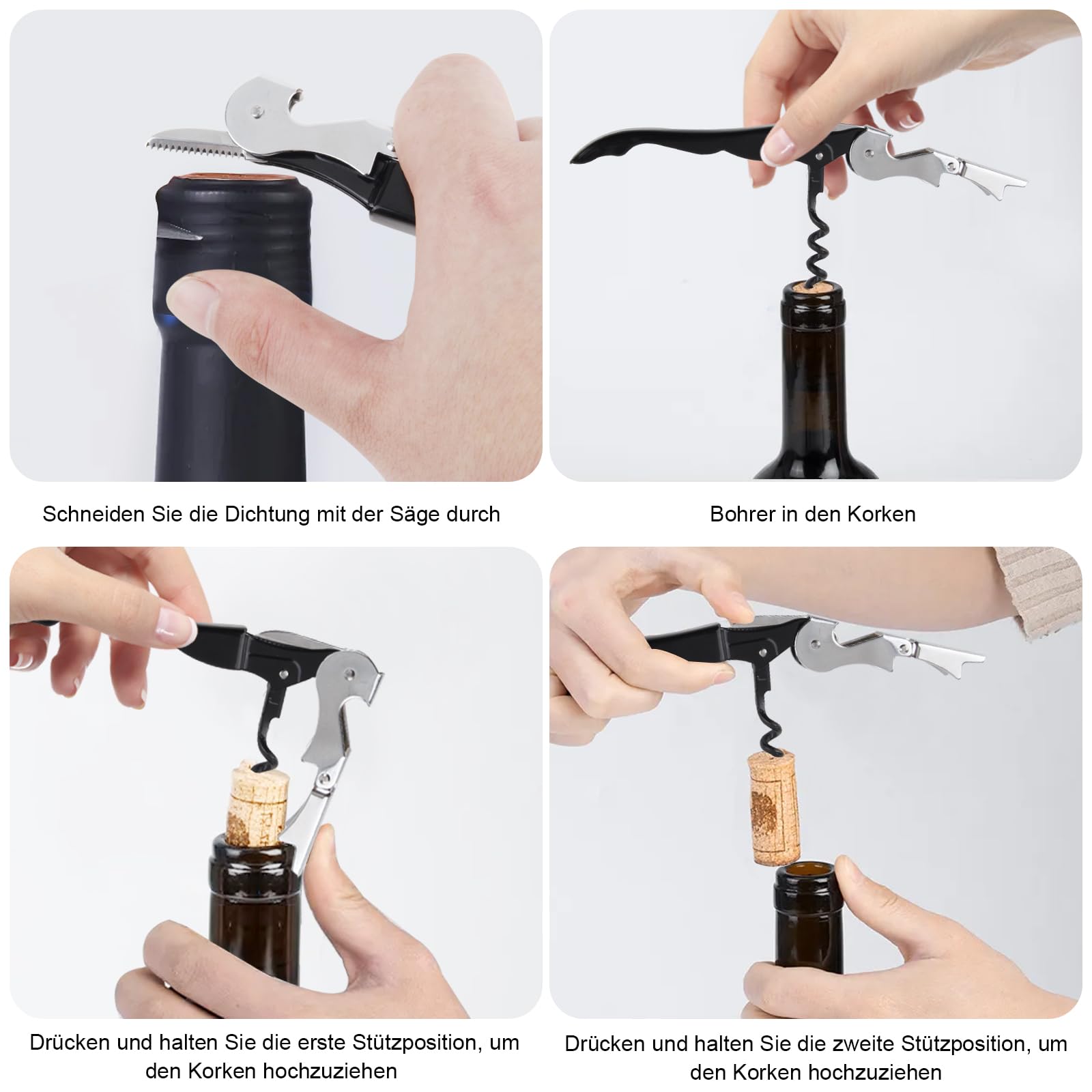 4 cuchillos de camarero, abridor de botellas 3 en 1, sacacorchos de acero inoxidable, abridor de vino para sommeliers, camareros y barman, abridor de cerveza y cortador de papel de aluminio
