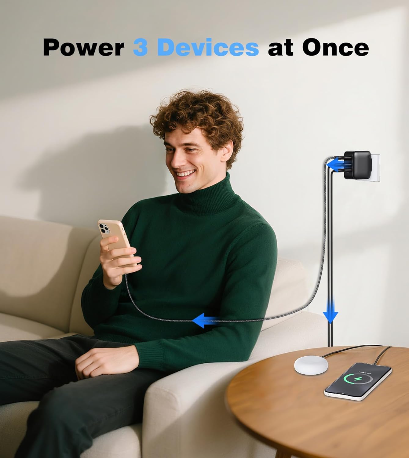 65W GaN USB C Charger Block Mini Charger with 3 Ports & 2m Cable Foldable Wall Charging Blocks Compatible with MacBook Pro/Air M2,Dell XPS,iPad Pro,iPhone 16/15/14 Pro,Galaxy S25/S24(Black) - Image 3