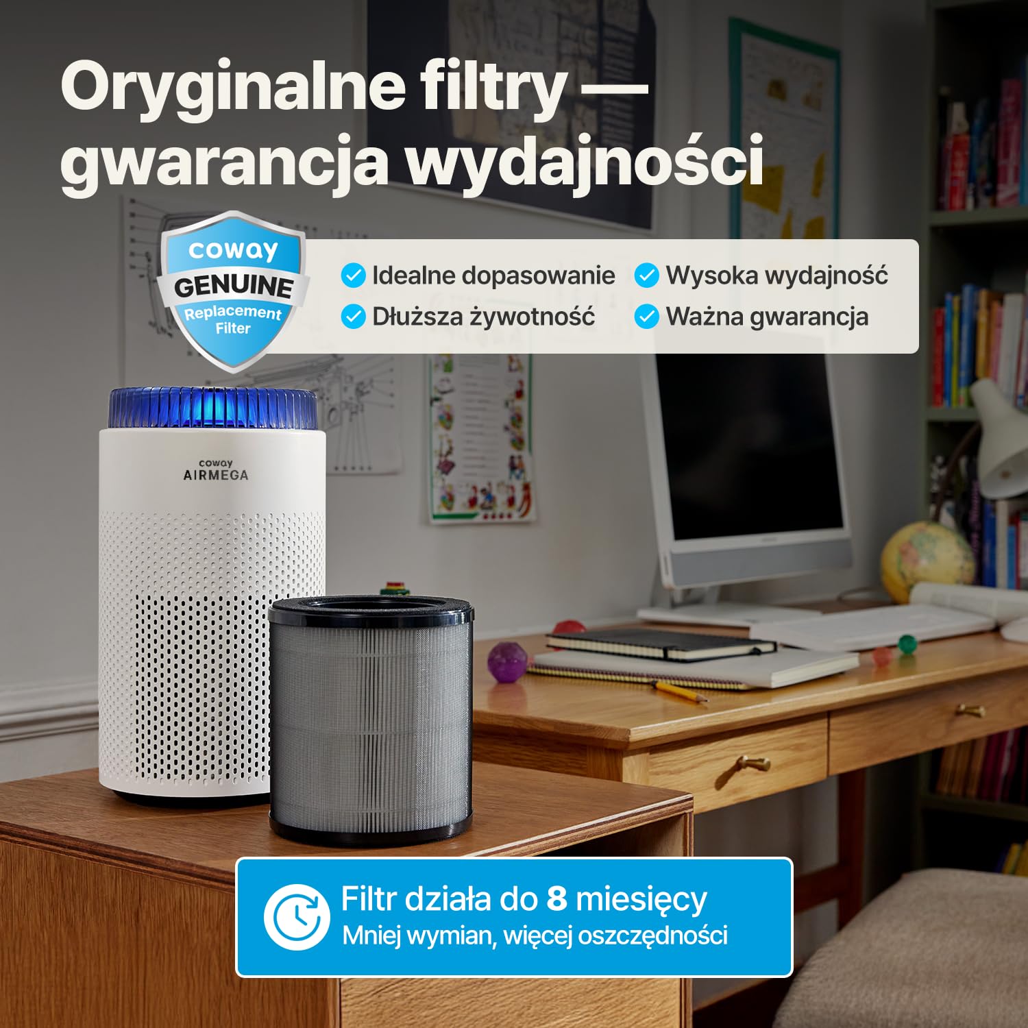 Coway Oczyszczacz Powietrza HEPA do Sypialni, CADR 120 m³/h, Usuwa 99,999% cząstek do 0,01 µm, Tryb Cichy 18,4 dB, Alergia, Kurz, Pyłki, Dym, Sierść, Zapachy, Pleśń – Airmega 50