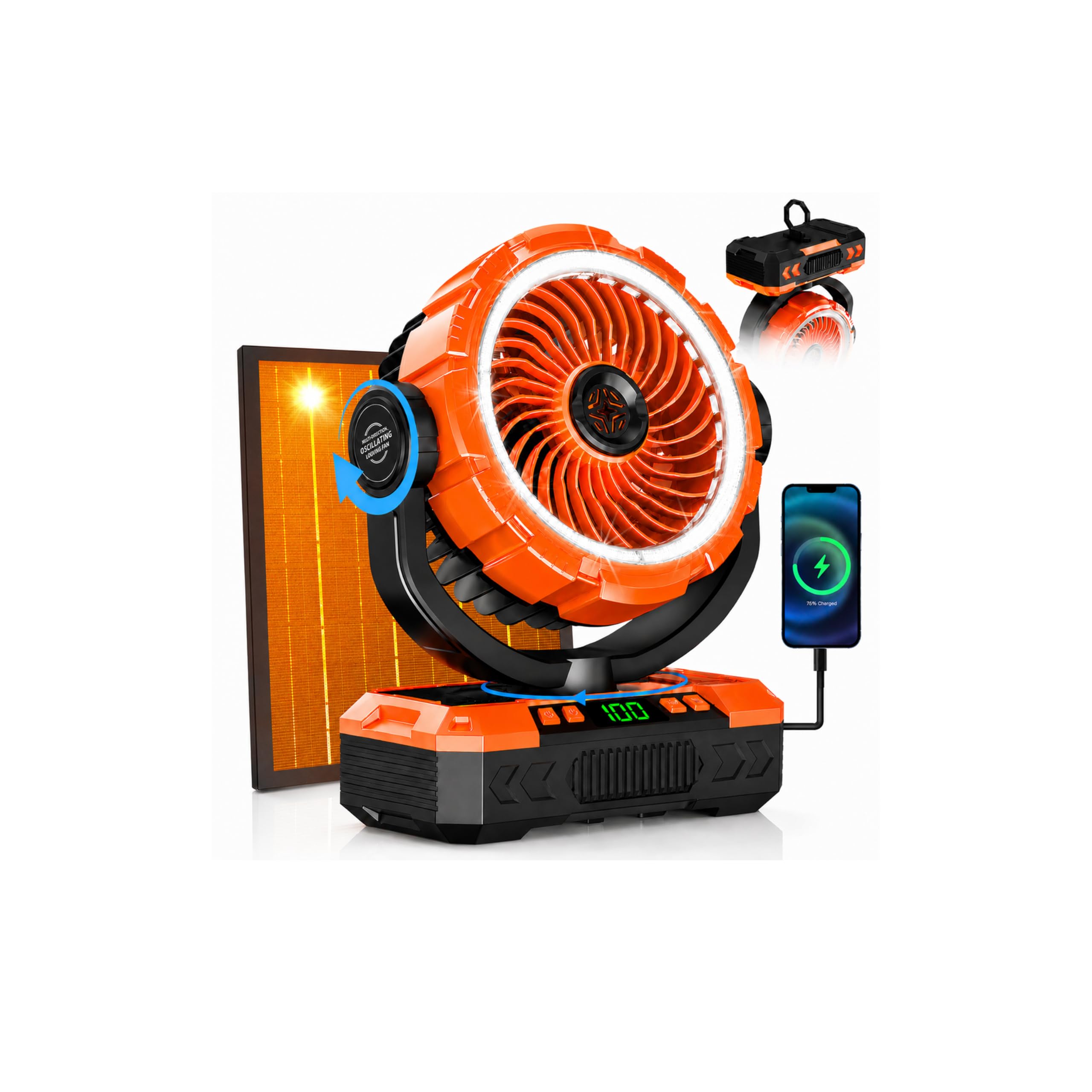 Ventilador de camping solar portátil recargable con oscilación y luces para tienda de campaña
