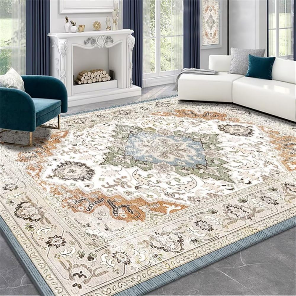 Tapis design bleu vintage 200x300 cm grand tapis beige antidérapant