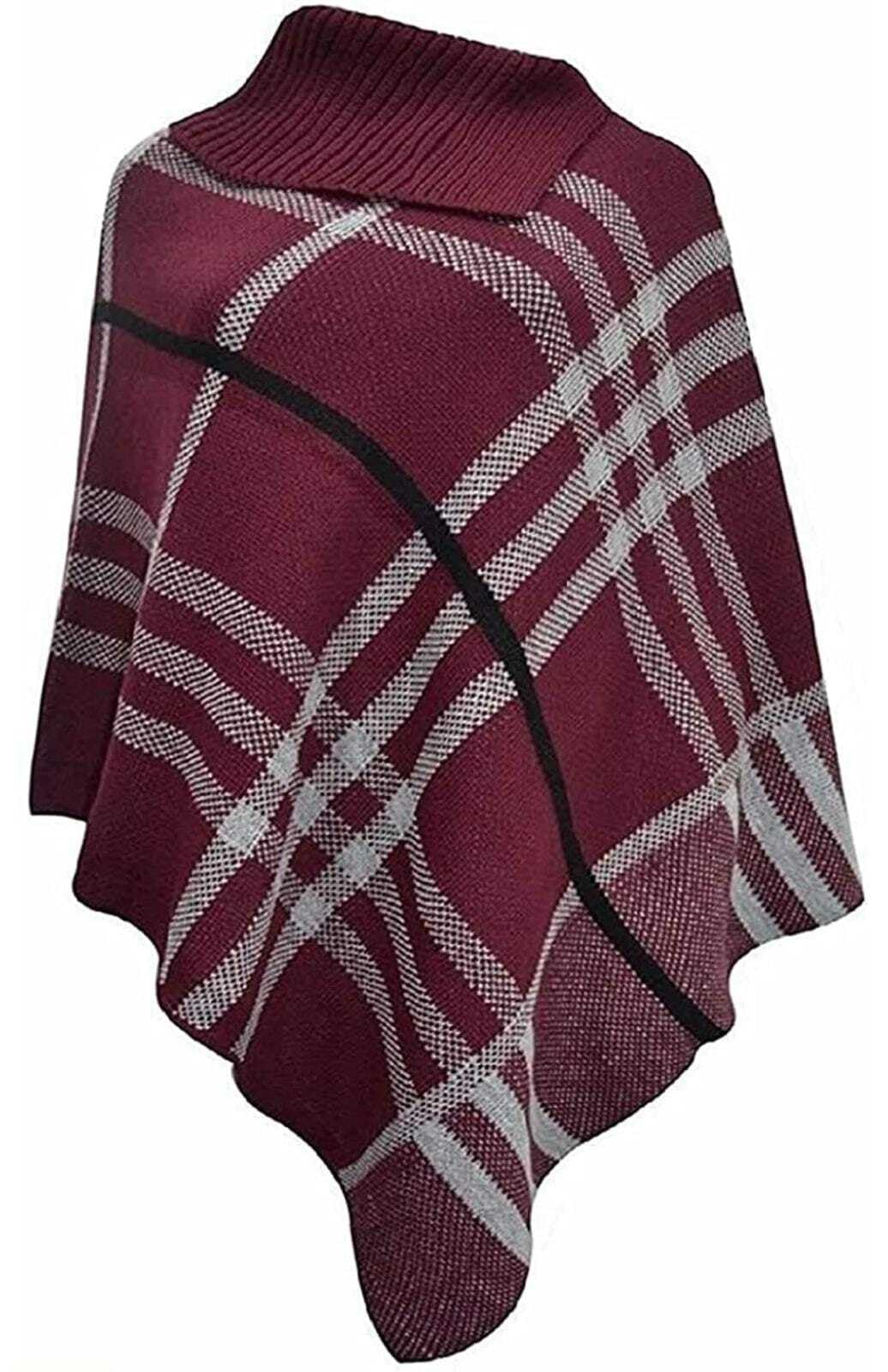 Luxe Diva Women's Wine Check Printed Stretch Knitted Collared Cape Wrap Shawl Jumper Poncho Top