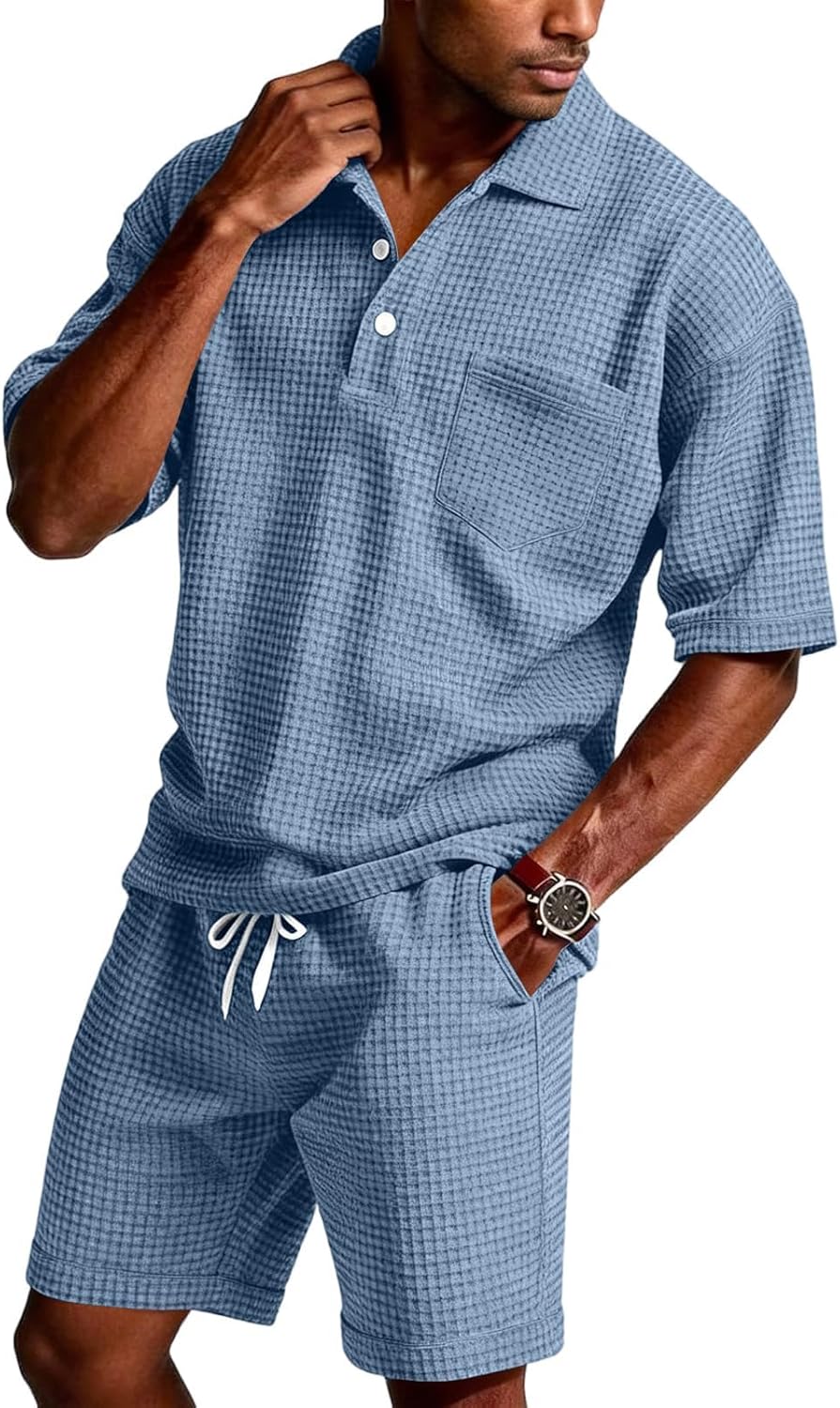 Cambkatl Men's Waffle Summer 2 Piece Outfits, Lapel Short Sleeve Pullovers Golf T-Shirts & Shorts Tracksuit Sets with Pockets