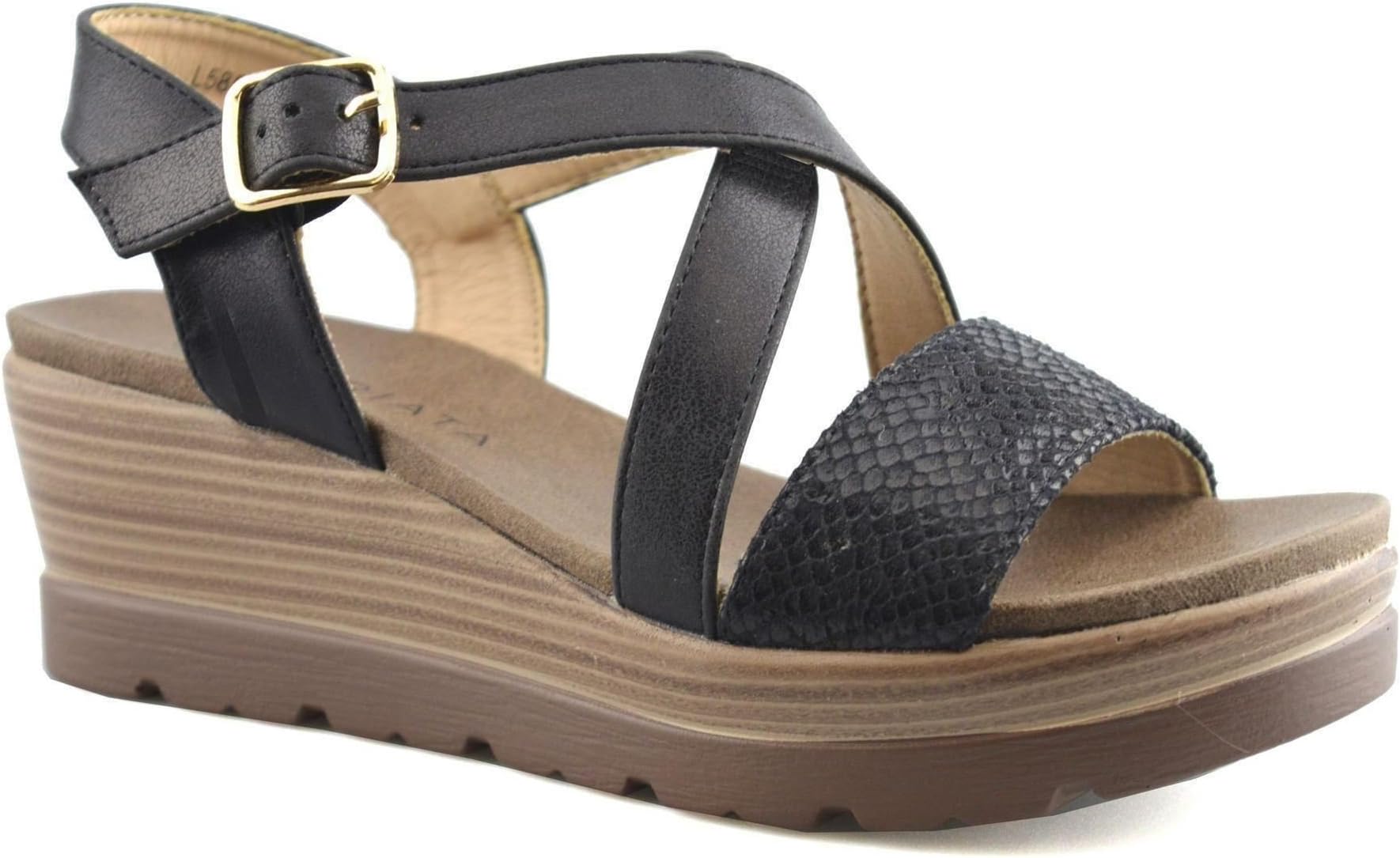 Ladies Womens Crossover Buckle Strap Casual Wedge Sandals Shoes Size 3-8 - Black - UK 7