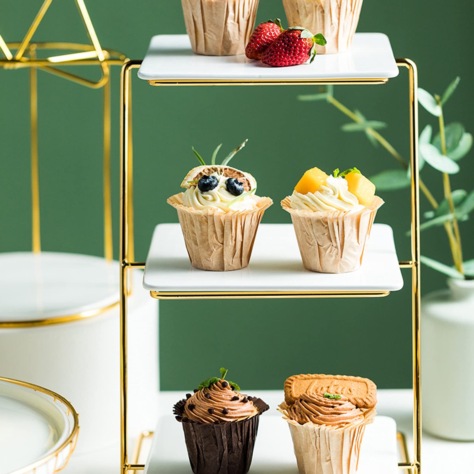 Soporte para Tartas de 3 Niveles, Soporte de cerámica Blanca para exhibición de Tartas, Mesa de postres para Fiestas de Bodas, Elegante Soporte de Hierro forjad