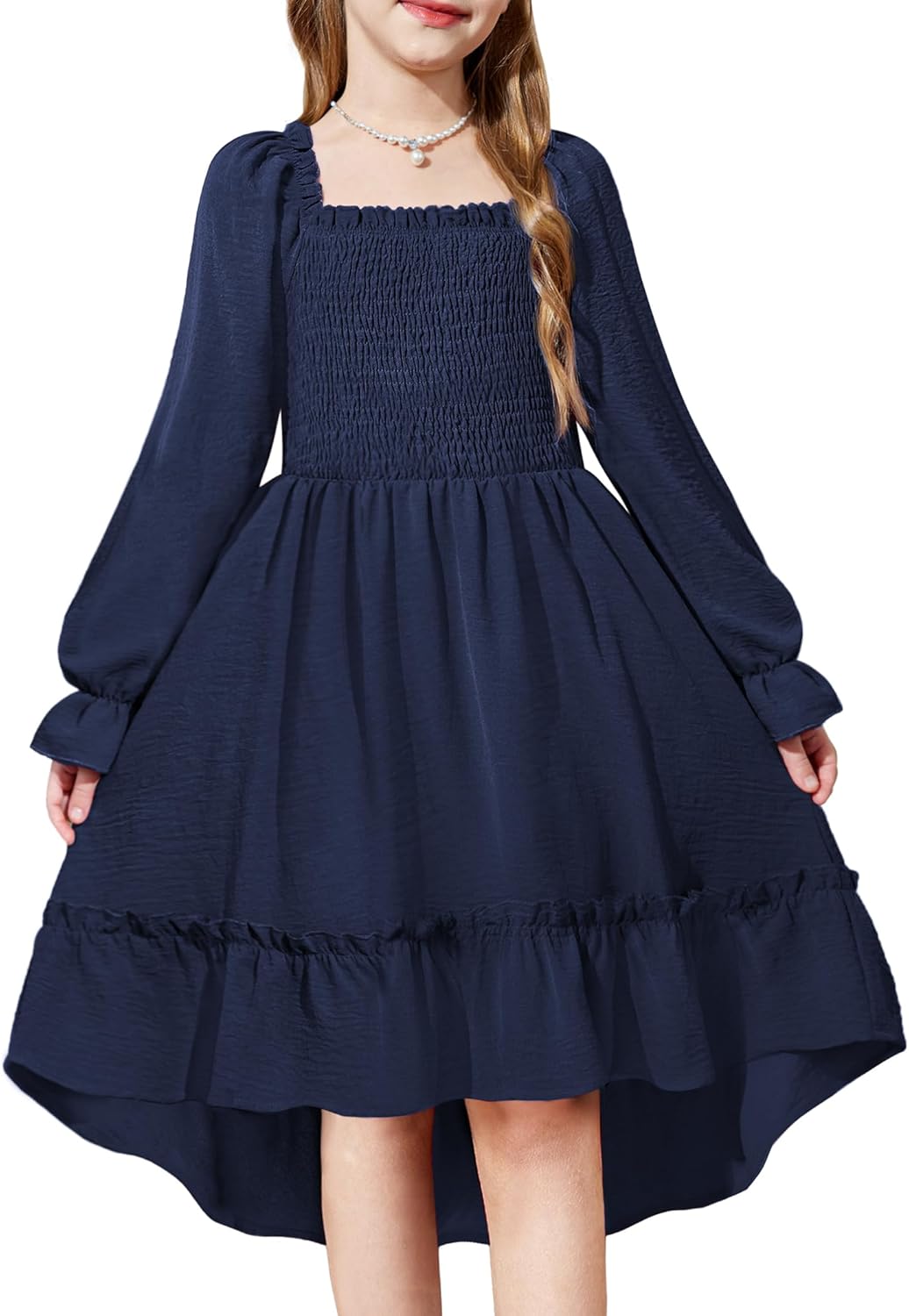 Arshiner Girls Dresses Puff Long Sleeve Fall Winter Smocked High Low Swing Midi Dress with Pockets