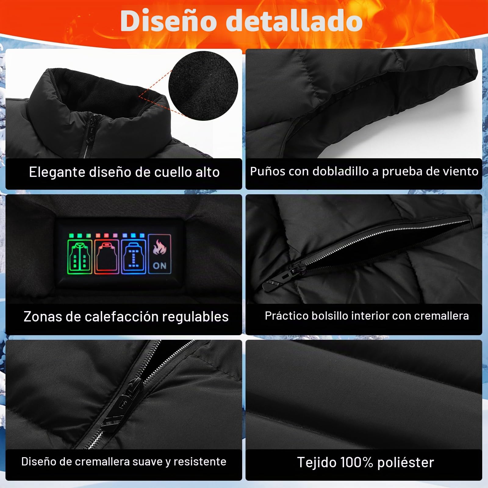Chaleco Calefactable Unisex Hombre Mujer, Chaleco Calefactable Eléctrico con 3 Temperaturas 21 Zonas de Calefacción Chaqueta Calefactable con Carga USB para Esquí Senderismo y Pesca(Sin Batería)