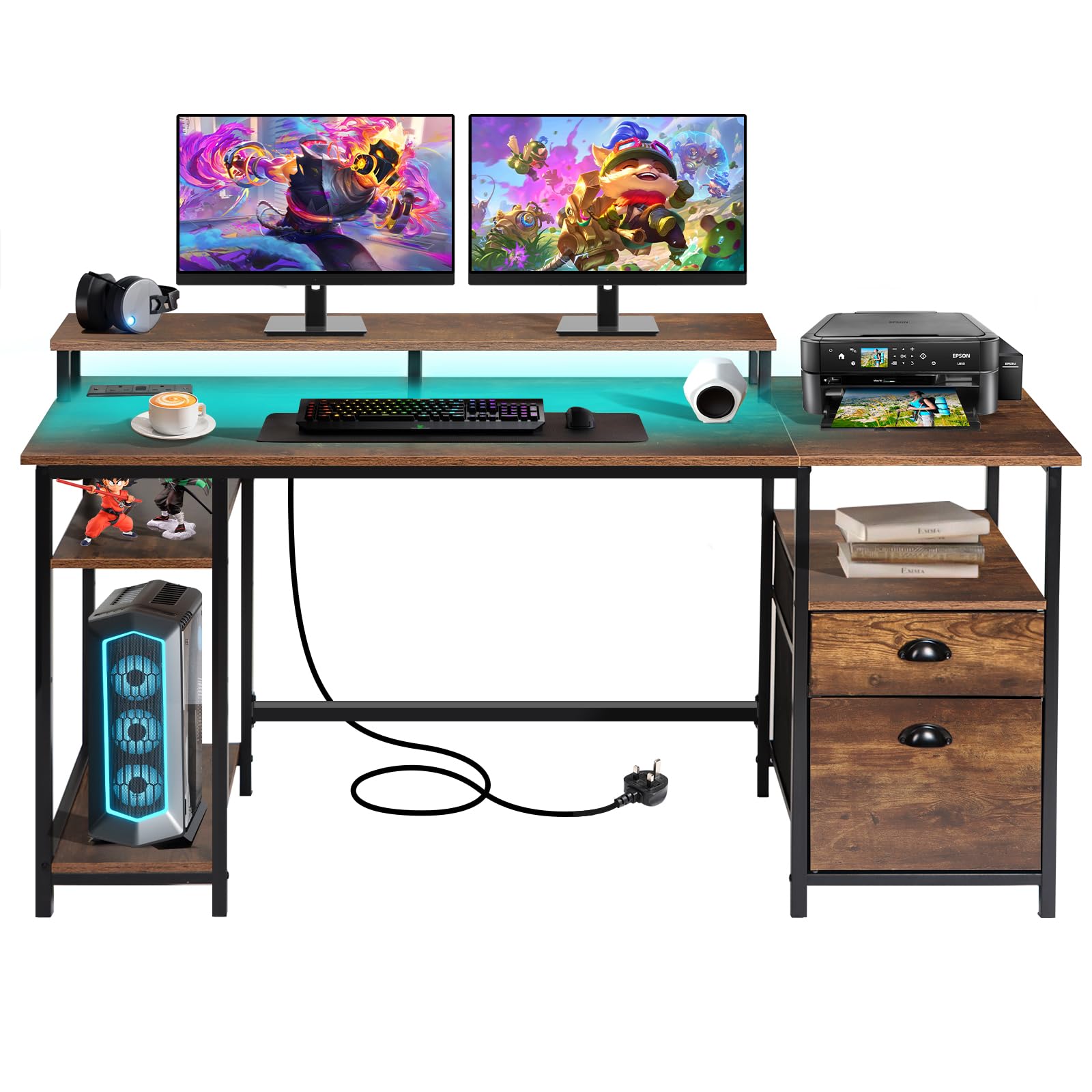 Panana Computer Desk with Power Outlets LED, Gaming Desk Home Office Desk with Monitor Stand & 2 Drawers, Large Storage Bookshelf Workstation, 156x48cm, Vintage Brown