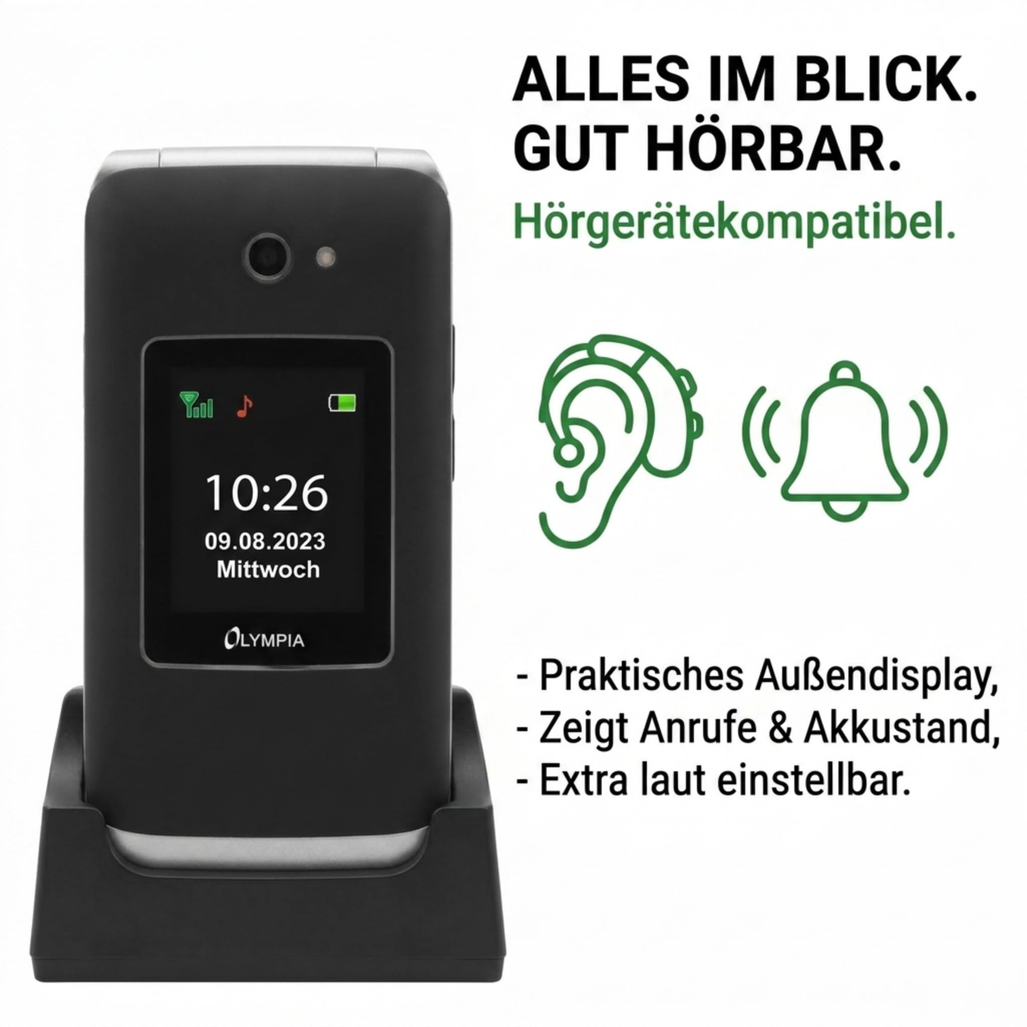 Olympia Vitus 4G Seniorenhandy | Klappbar mit Großtasten | Hörgerätekompatibel | Handy für Senioren | Notruftaste & SOS-Funktion | Farbdisplay | Kamera | Taschenlampe | Langlebiger Akku | Schwarz