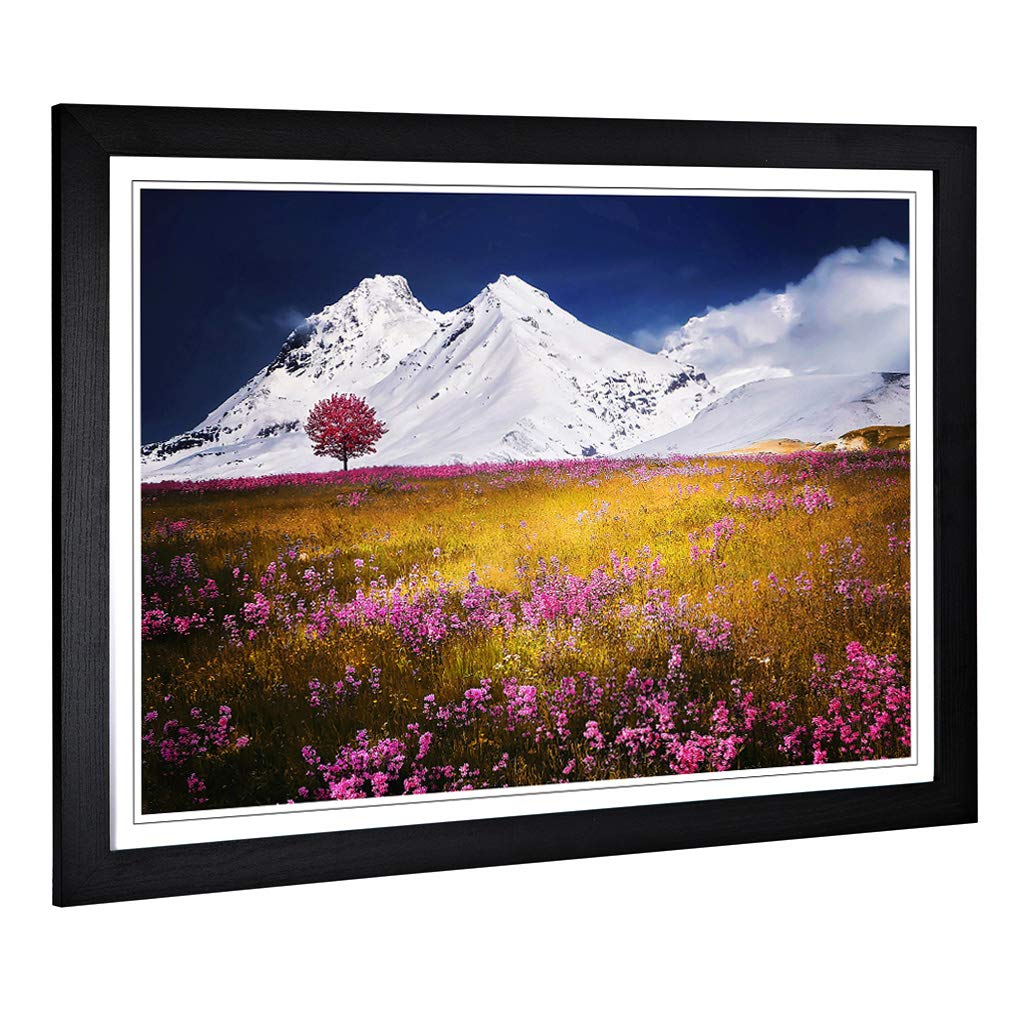 Big Box Art Framed Print of Landscape Lone Tree, Flowers & Montains Design | Wall Art Picture | Home Decor for Kitchen, Living Room, Bedroom, Hallway, Black, A2 / 24.5x18 Inch / 62x45cm
