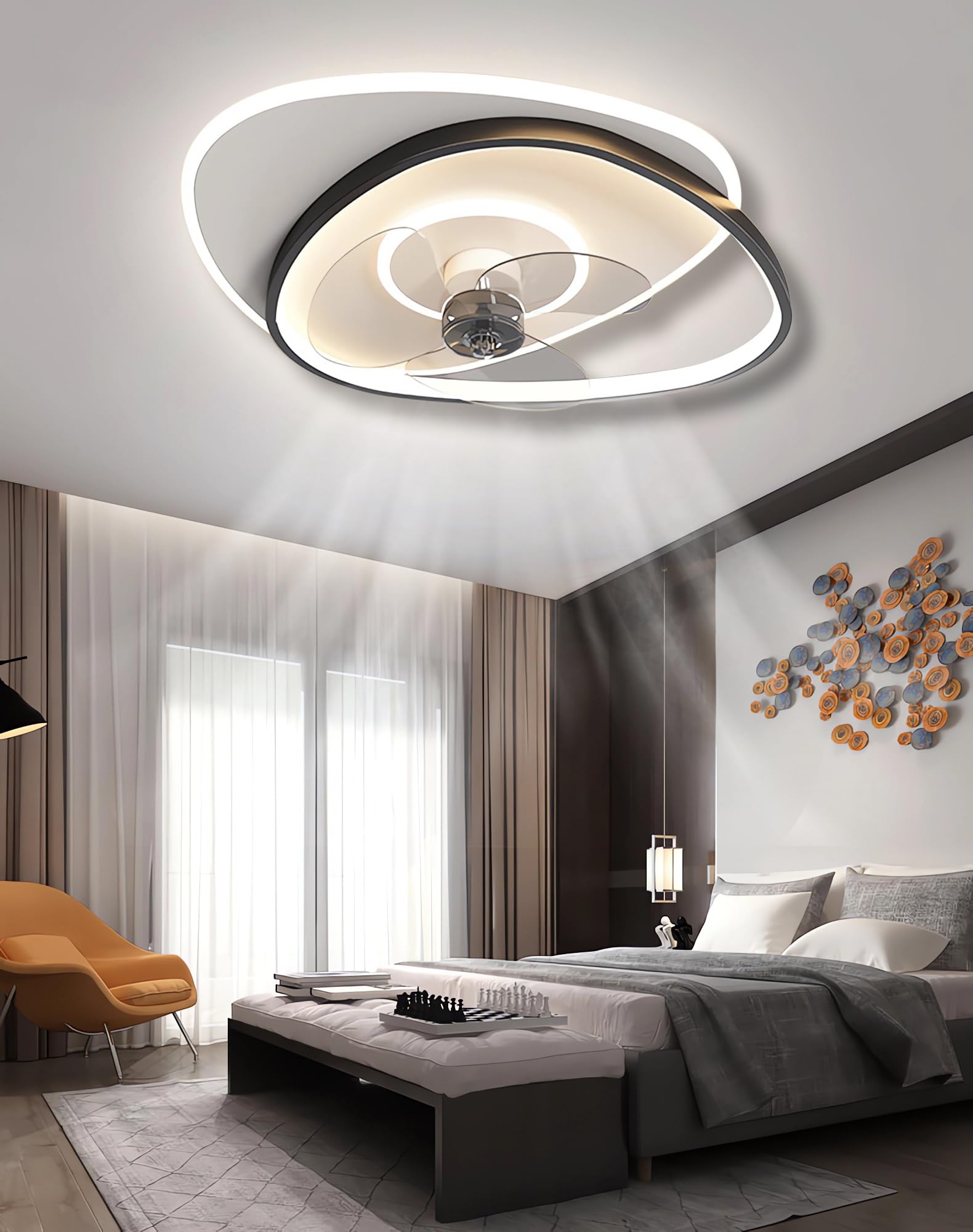 Cichy wentylator z oświetleniem Lampa sufitowa LED z wentylatorem Nowoczesny ściemnialny z pilotem Światło wentylatora sufitowego do sypialni Jadalnia Pokój do nauki (czarno+biały, 46cm)