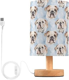 Table Lamp Bulldog Tie Dye Bedside Nightstand Lamps Fabric Shade Desk Lamp with Wood Base for Bedroom, Living Room, Office