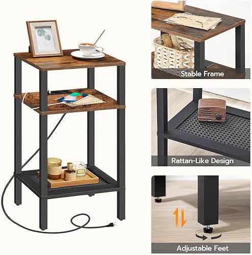 Miniatura 6 de HOOBRO Mesa auxiliar alta con estación de carga, mesa de teléfono de 3 niveles con estantes de almacenamiento, mesa auxiliar estrecha con tipo C y