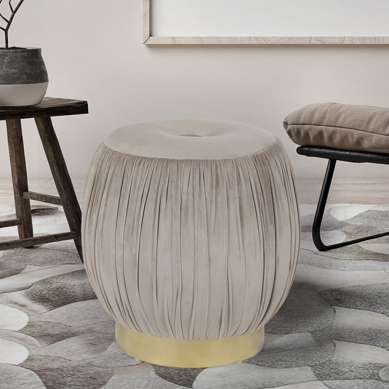 Homebeez Round Velvet Ottoman Footrest Stool, Upholstered Extra Seat with Gold Plating Metal Base , Small, Light Grey