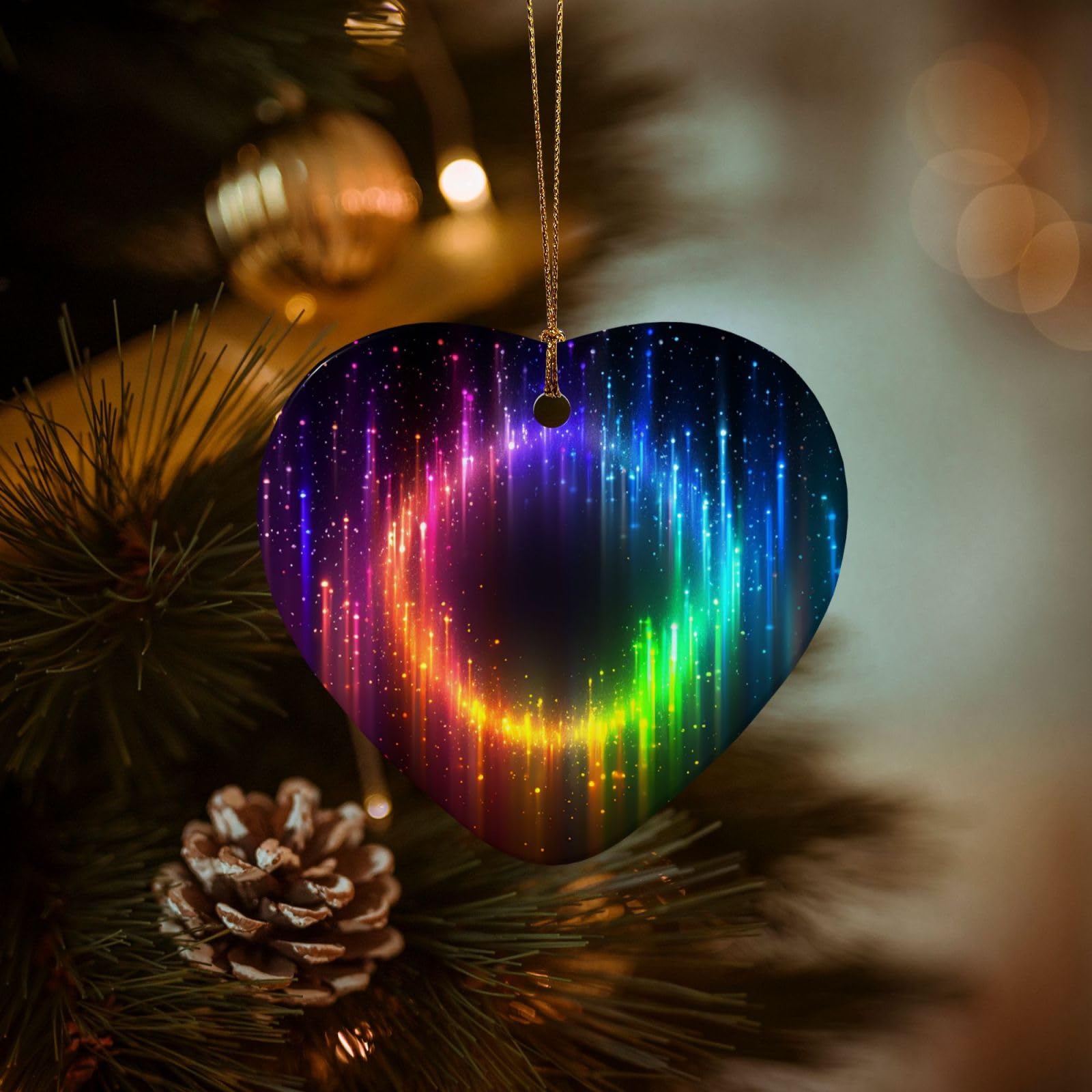 Christmas Ornaments for Christmas Tree Decoration Hanging Rainbow Neon Ornament with Gold Ribbon Crafts Heart Shape Ceramic Pendant for Keepsake Gifts Xmas Decor Party Supplies