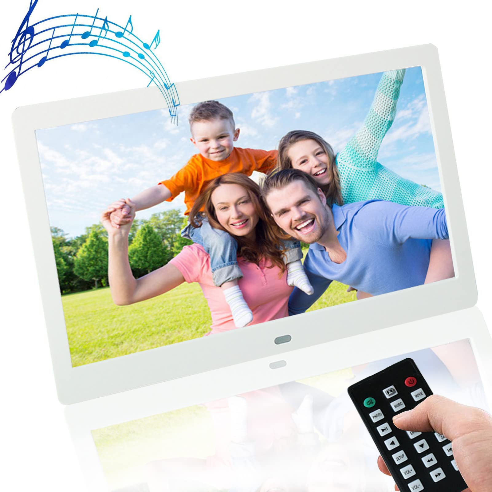 LWPCP 12 inch Digital Photo Frame, Digital Picture Frame with with Remote Control, Support Advertising/Video/Music/Picture Playback, with Calendar, Clock and Remote Control,White