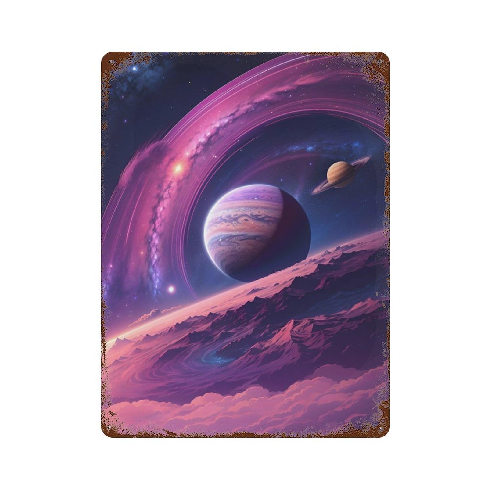 Rust Effect Tin Sign with The Purple Planet Design 15.7"x11.8", for Pub, Kitchen And Man Cave Decor, Industrial Home Decor