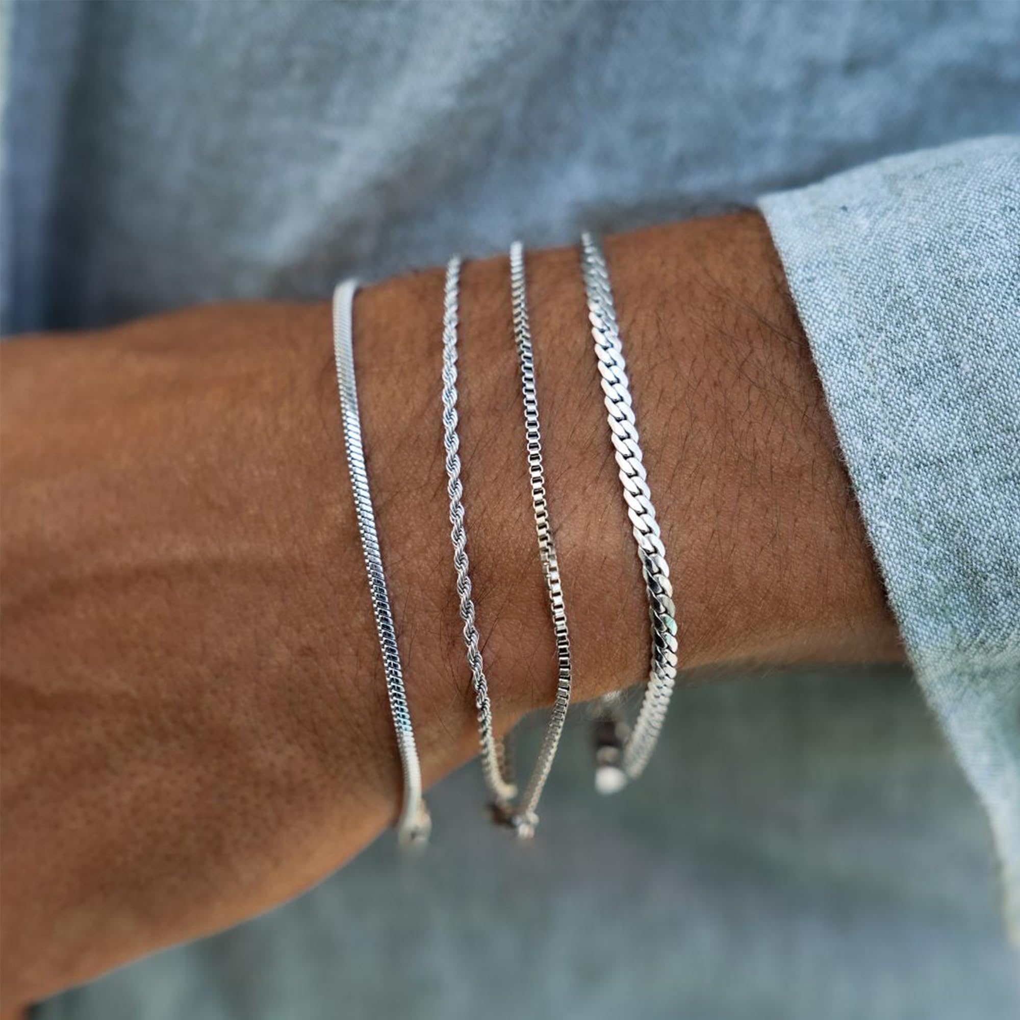 Pulsera de plata para hombres y mujeres, pulsera de acero inoxidable, pulsera de eslabones cubanos apilados, conjuntos de pulseras de cadena de plata, paquete de pulseras de plata para hombre 2