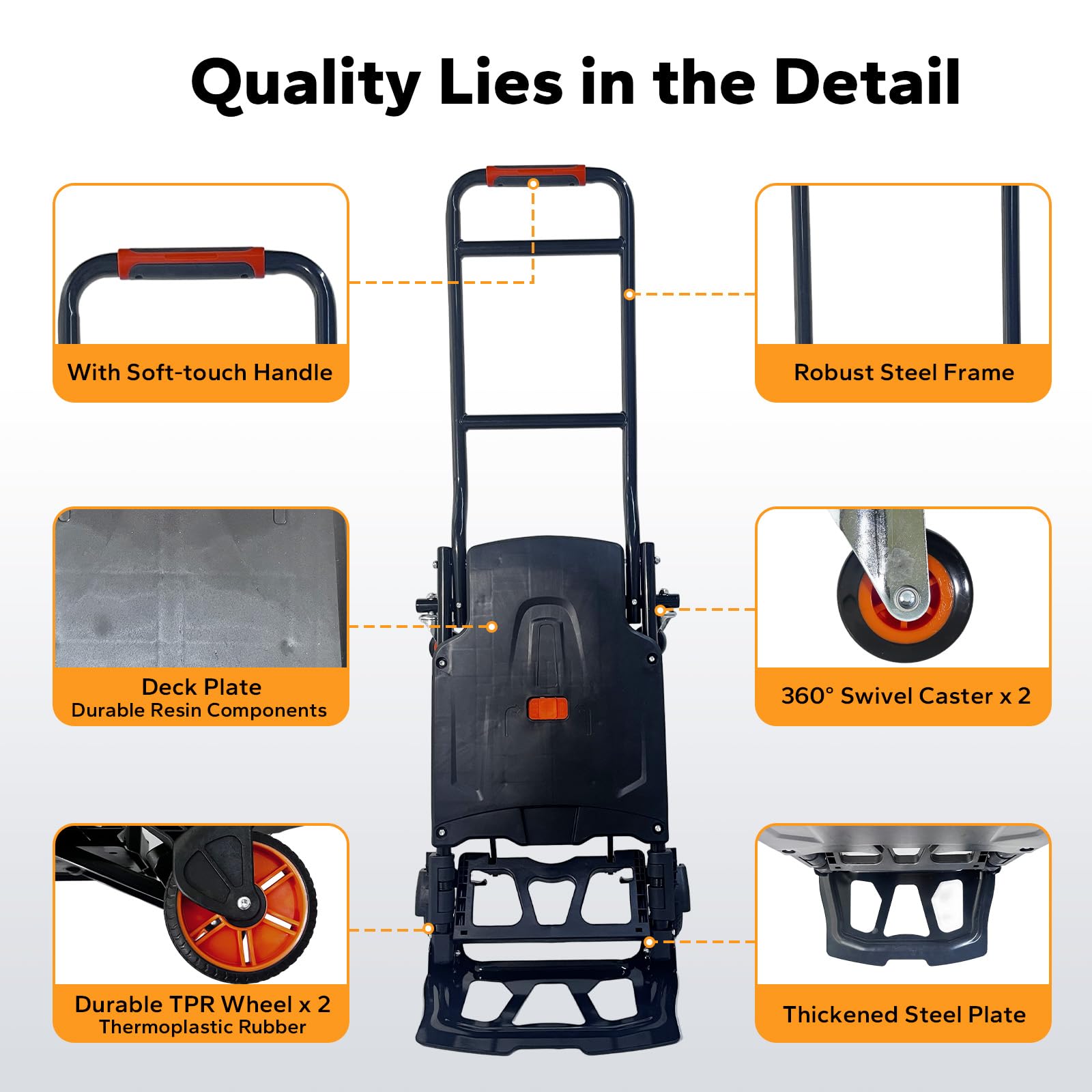 2-in-1 Sackkarre Klappbar 200 kg Tragkraft, Ohne Montage, Kombiniert Plattformwagen und Sackkarre – Ideal für Umzug & Garten, Orange