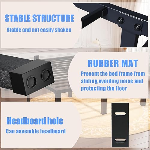 Miniatura 18 de Marco de cama de tamaño matrimonial de 14 pulgadas, soporte resistente de plataforma de metal de 3500 libras, no necesita somier, sin ruido,