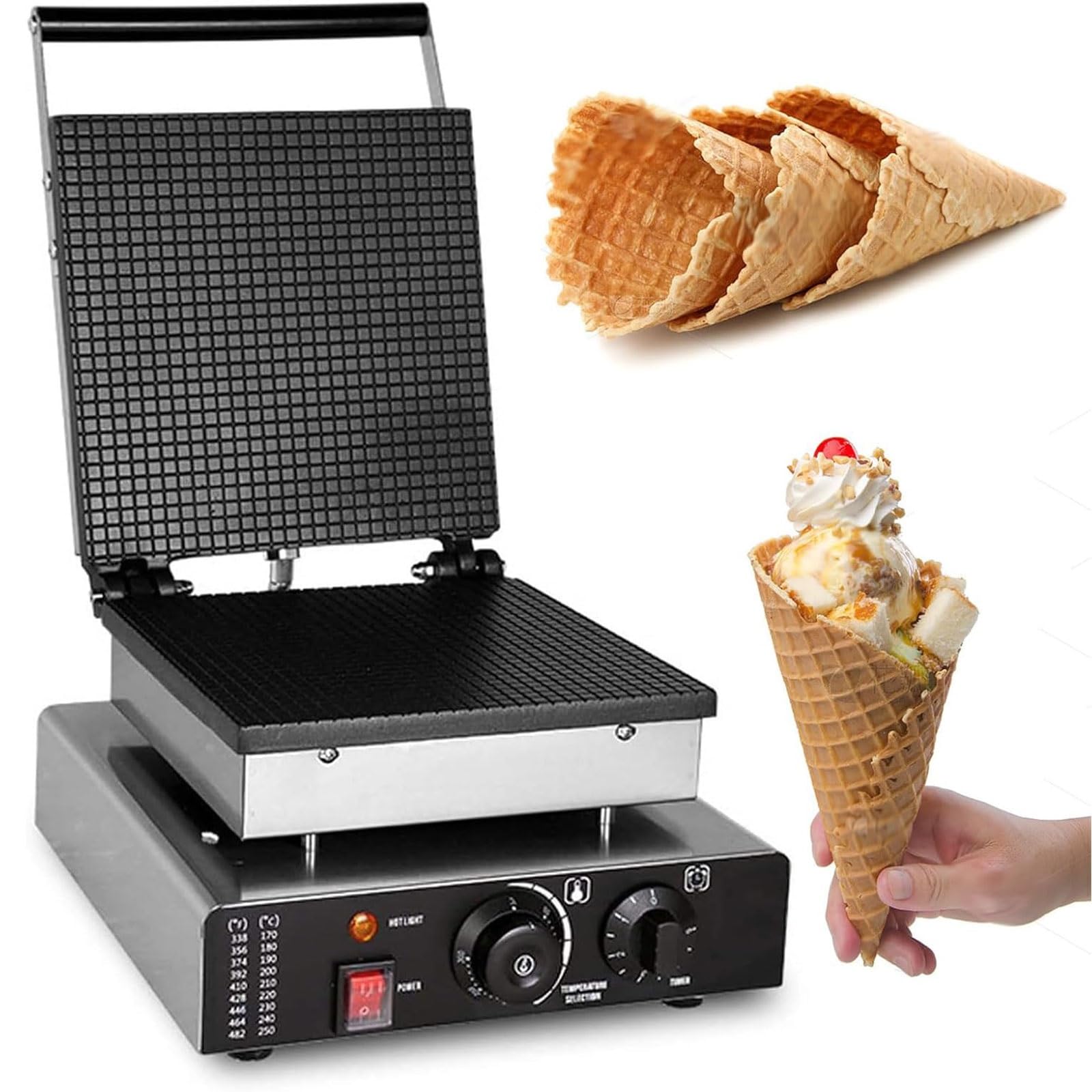 Macchina elettrica Professionale per Coni Waffle e involtini Primavera con Temperatura e Timer Regolabili, Superficie Antiaderente per Una Facile Preparazione dei cibi.,Square