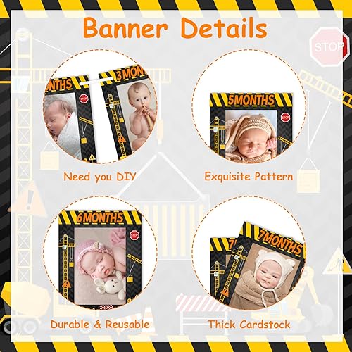 Miniatura 9 de Sursurprise Suministros de fiesta de primer cumpleaños de construcción, pancarta de fotos de construcción de recién nacido a 12 meses, decoración de