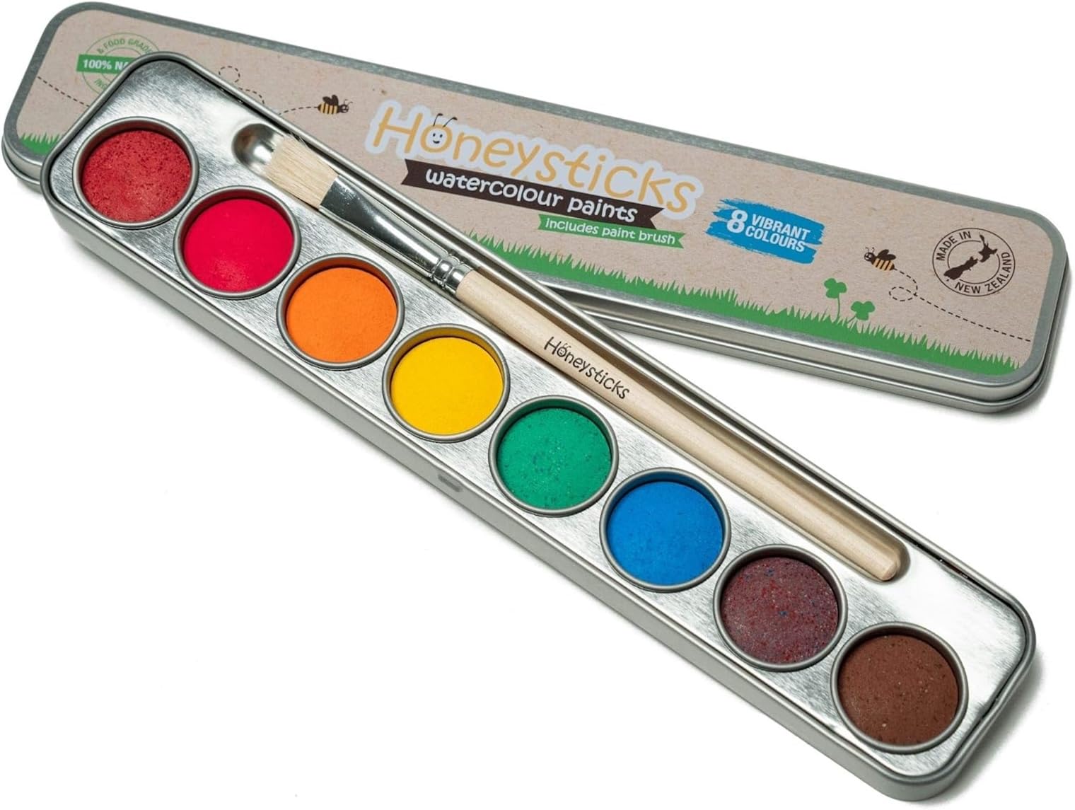 Honeysticks Non Toxic Watercolour Paint Set for Kids and Toddlers - 8 Vibrant and Long Lasting Colours with Brush - Natural and Food Grade Ingredients - Child Safe Art Supplies - Great Gift Idea