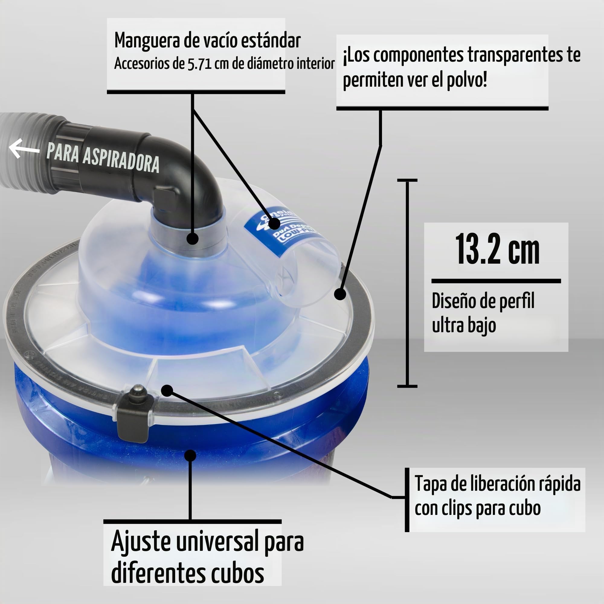 Dust Deputy Low-Pro Plus - Kit de separador de polvo para aspiradoras húmedas y secas, adaptador de 2.5 pulgadas y manguera de 3 pies, se adapta a cubos estándar de 5 galones, fabricado en Estados