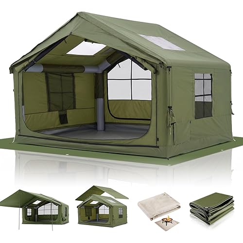 Inflatable Camping Tents 4/6/8/10 Person, Large Inflatable Hot Tent with Stove Jack, 4 Season Blow up Tent with Waterproof Canopy/Ground Tarp, Anti-Moisture Matress for Camping Outdoors