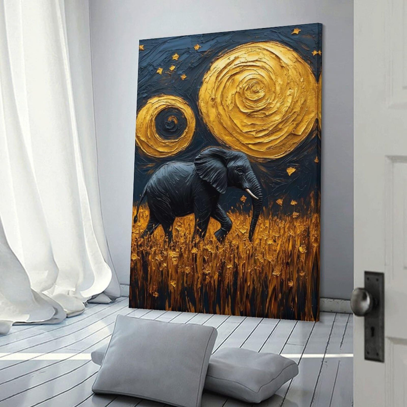 Junmoney Elephant Under Swirling Golden Sky Painting Hanging Wall Art, 24x36inch(60x90cm), for Gallery Wall Decor And Room Displays, Home Wall Art for Statement Displays