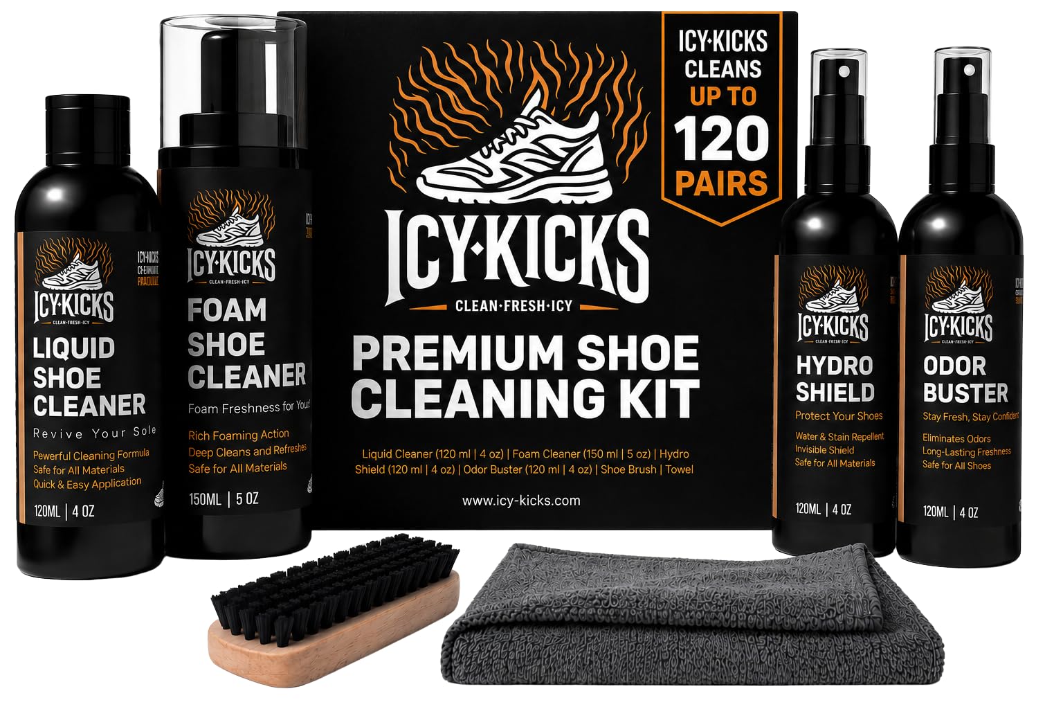 ICYKICKS - Kit de limpieza de zapatos 6 en 1 de alta calidad: líquido, espuma, repelente al agua, eliminador de olores, cepillo y toalla para tenis, cuero, lona, Multi, Standard