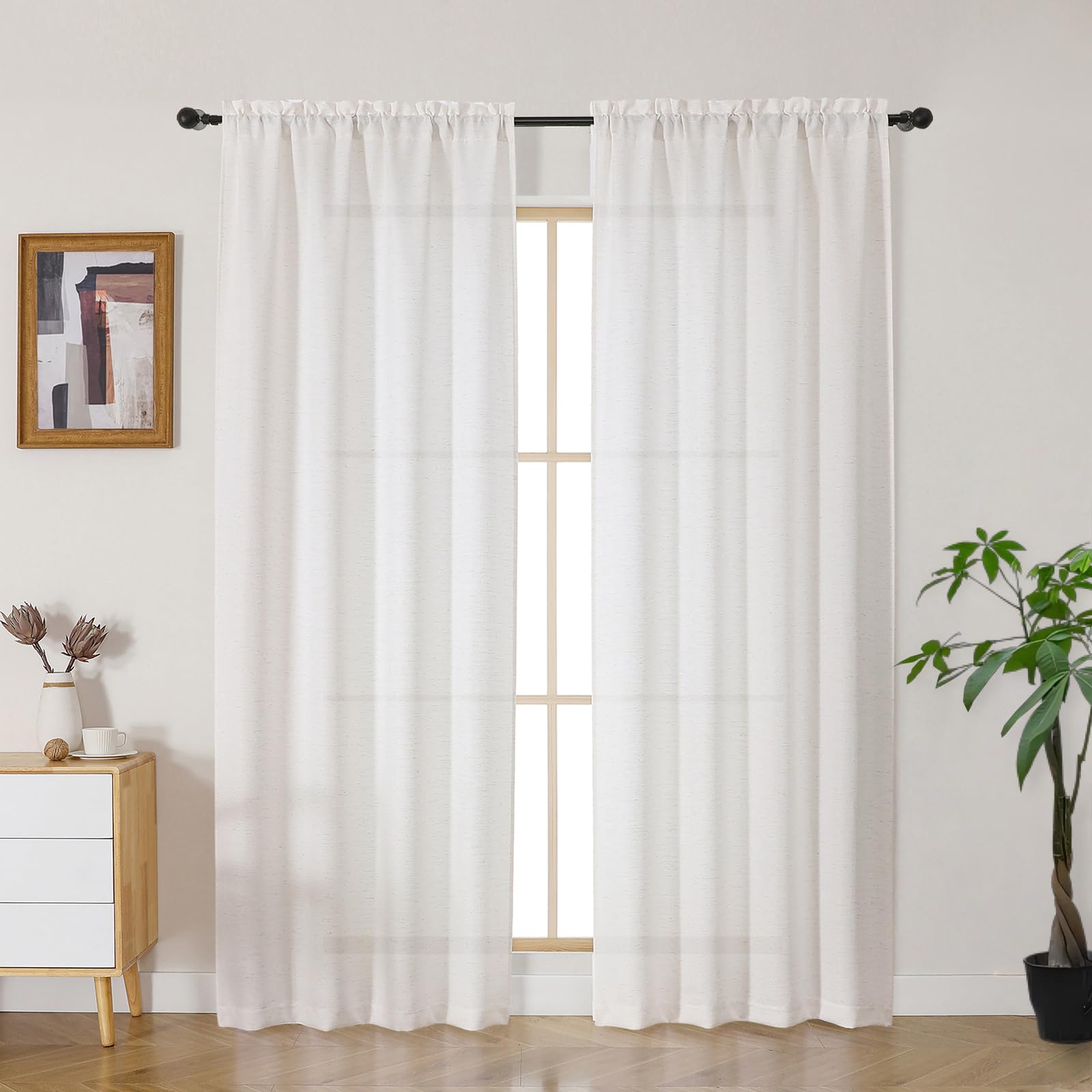 Gwine Natural Curtains 84 Inches Long for Living Room 2 Panels Set, Rod Pocket Faux Linen Textured Lightweight Bedroom Curtains, Farmhouse Light