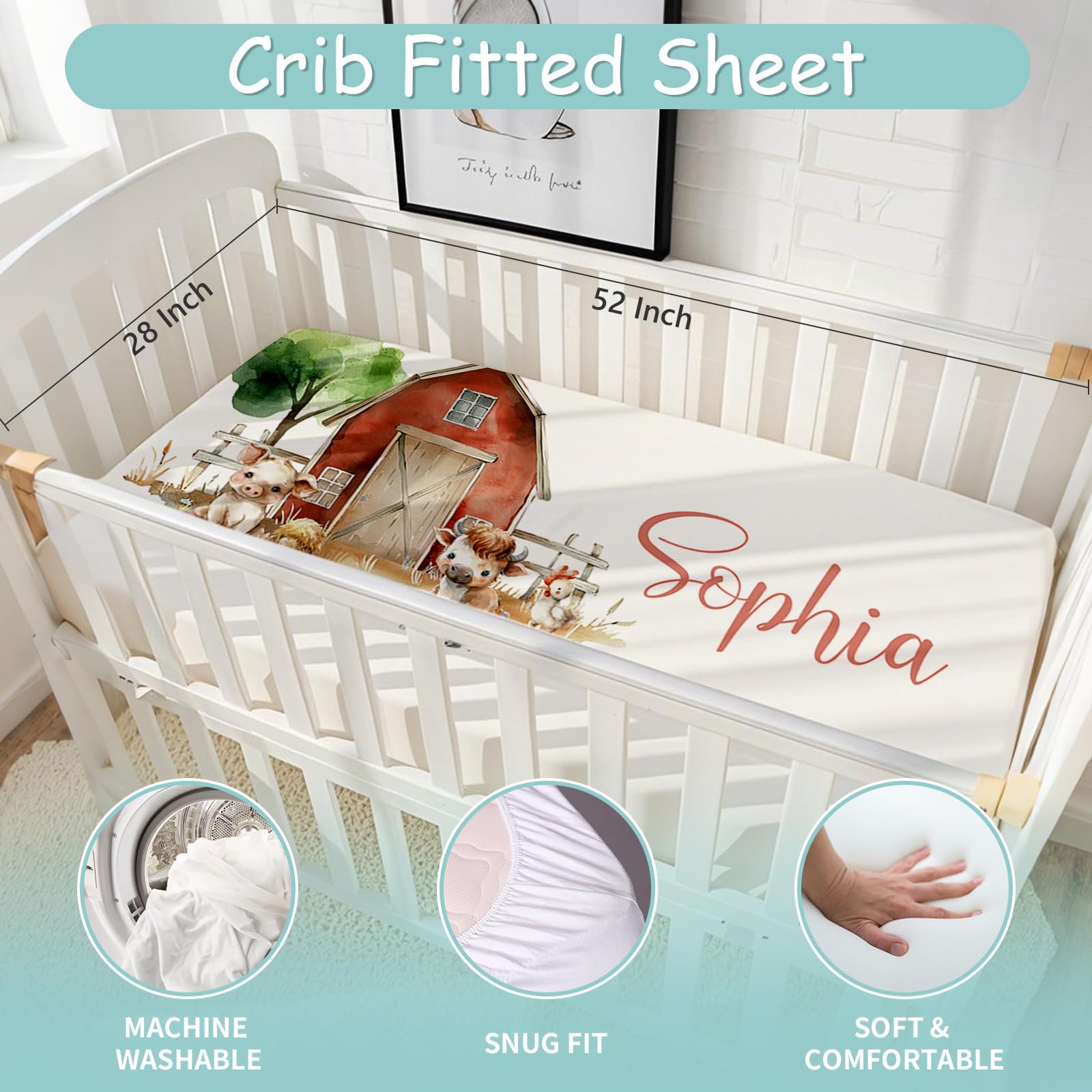 Hatchaa Custom Baby Crib Set with Name - Personalized Farm Animals Baby Bedding 3 Piece Set, Nursery Bedding Set for Girls Boys, Soft Blanket with Dotted Backing, Customized Gift for Infants Toddlers