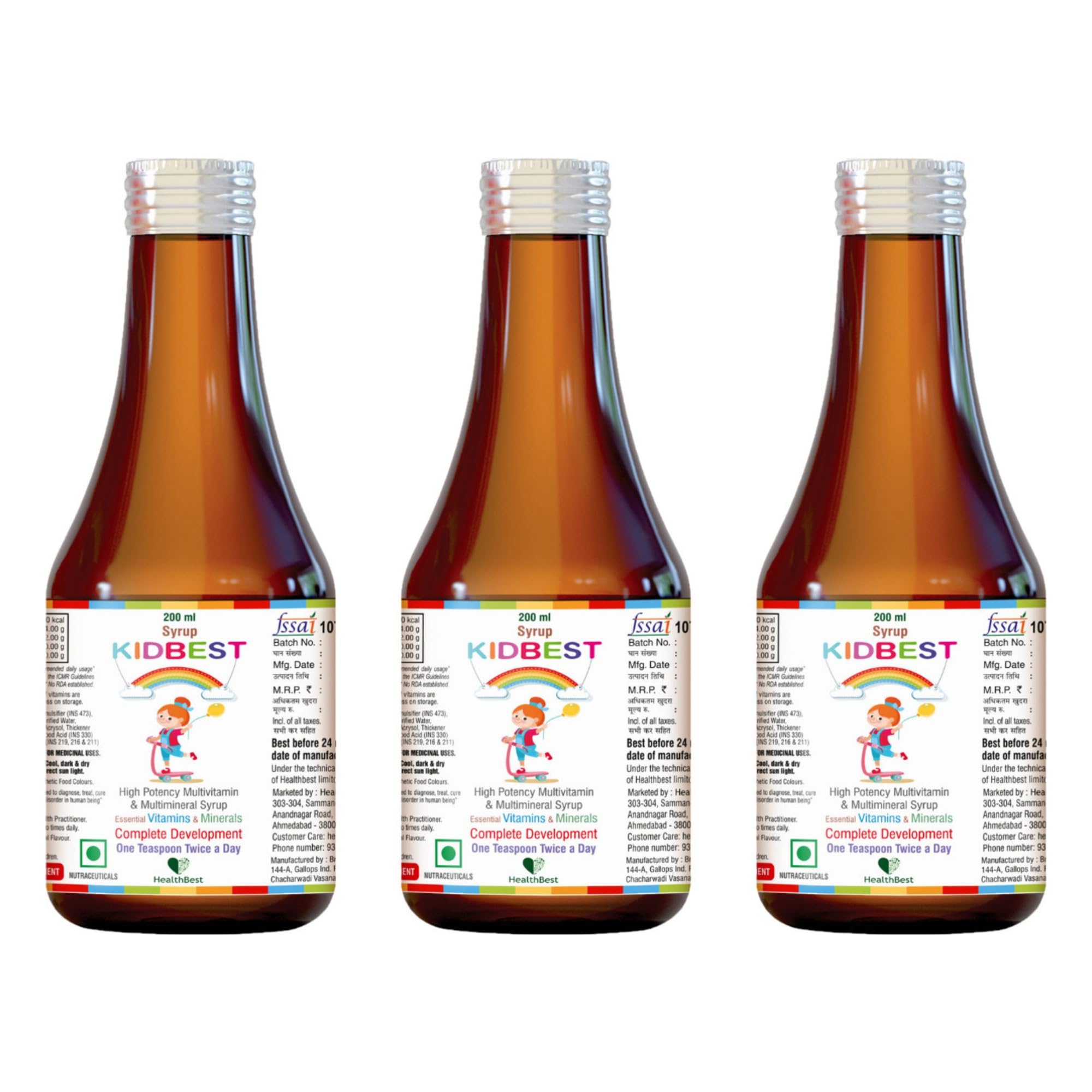 [BRSROCYZBACRGD32] Kids Multivitamin Syrup 200ml with Zinc, Vitamin A, C & E - Daily Support for Children (Pack of 3)