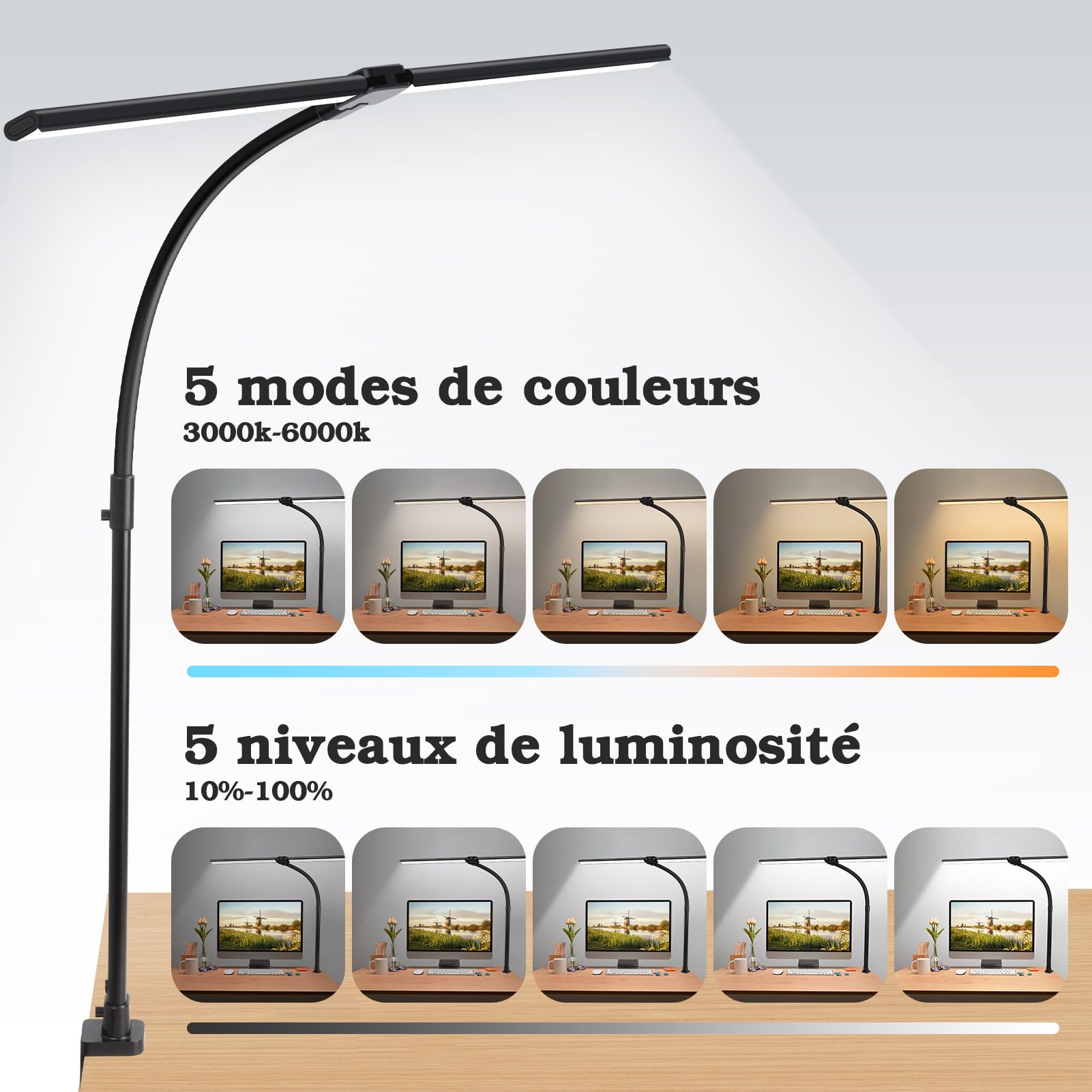 Gindoly Lampe de Table LED Puissante Pince d'architecte Double tête 24W 80CM
